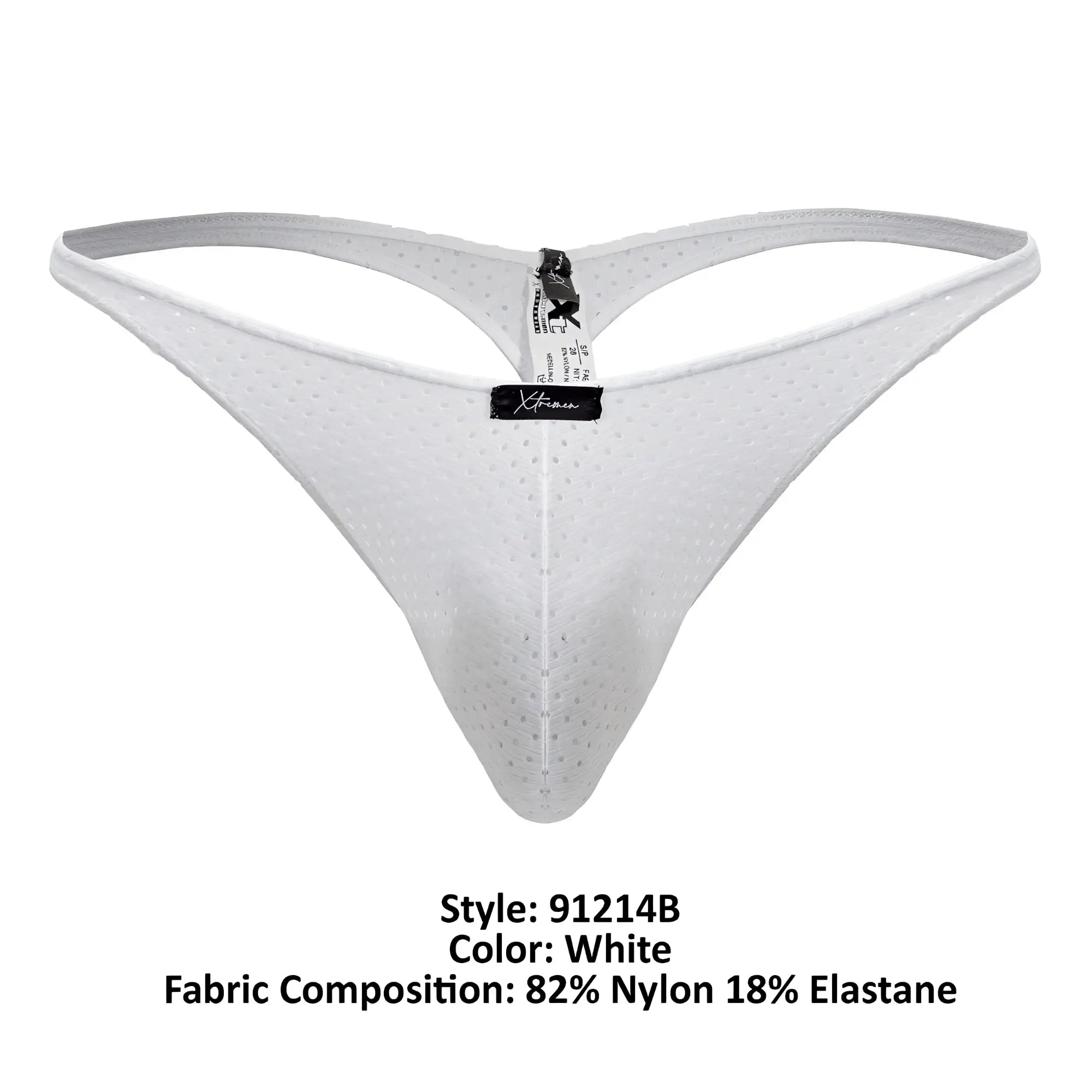 White perforated nylon and elastane xtremen 91214b microfiber thong with central black brand tag visible on front side