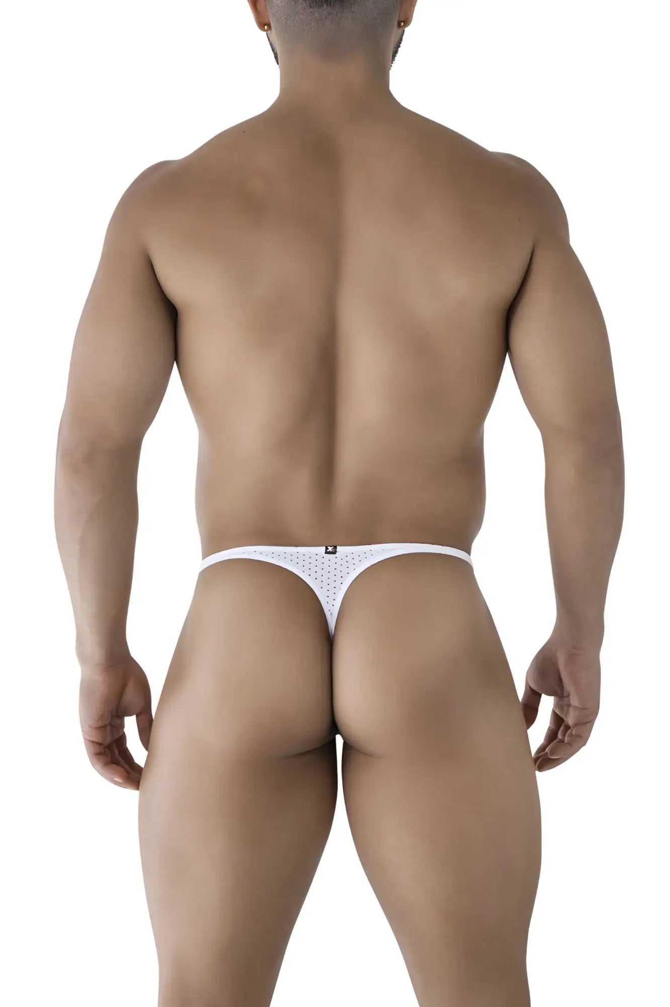 Back side of xtremen 91214b white microfiber thong with subtle dotted pattern and small black logo on backband