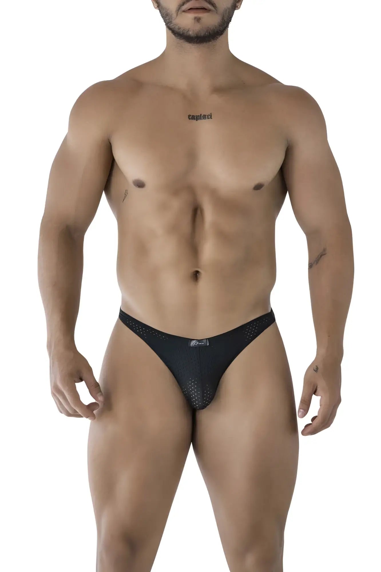 Black xtremen 91215b microfiber bikini briefs with subtle perforated mesh pattern and logo on waistband front view