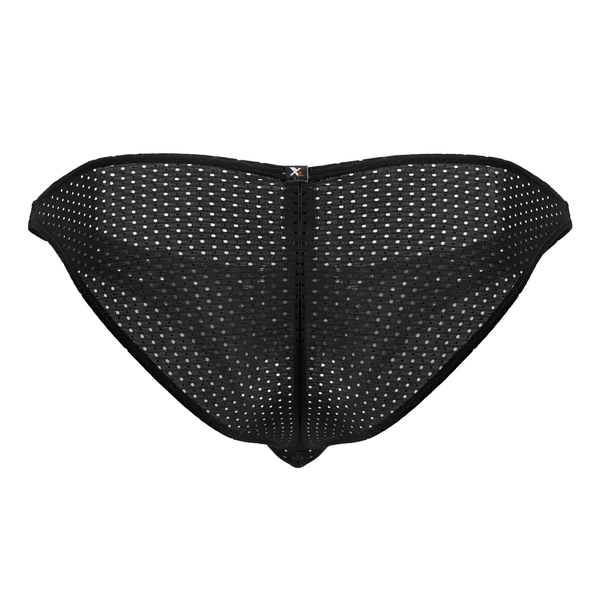 Xtremen 91215b microfiber bikini briefs in black mesh with subtle white dot pattern and central zipper closure