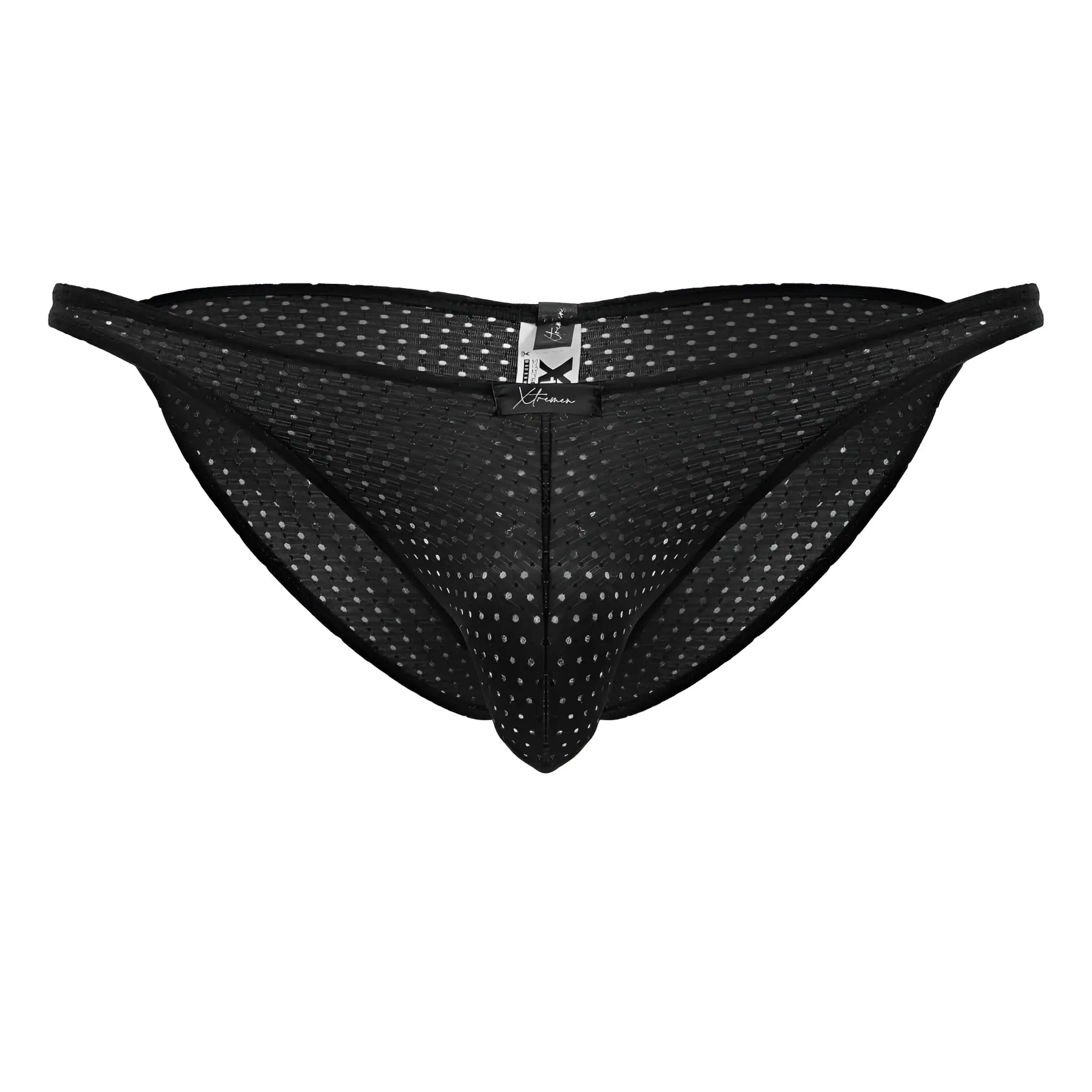 Xtremen 91215b microfiber black bikini briefs with black mesh and subtle white dot pattern with branded waistband tag