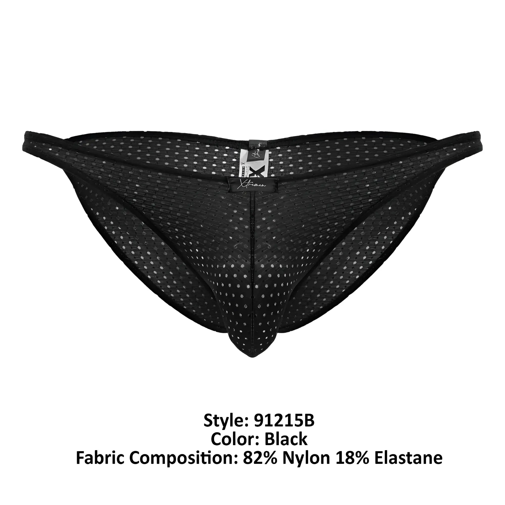 Xtremen 91215b black microfiber bikini briefs with black mesh and subtle white dot pattern featuring branded tag