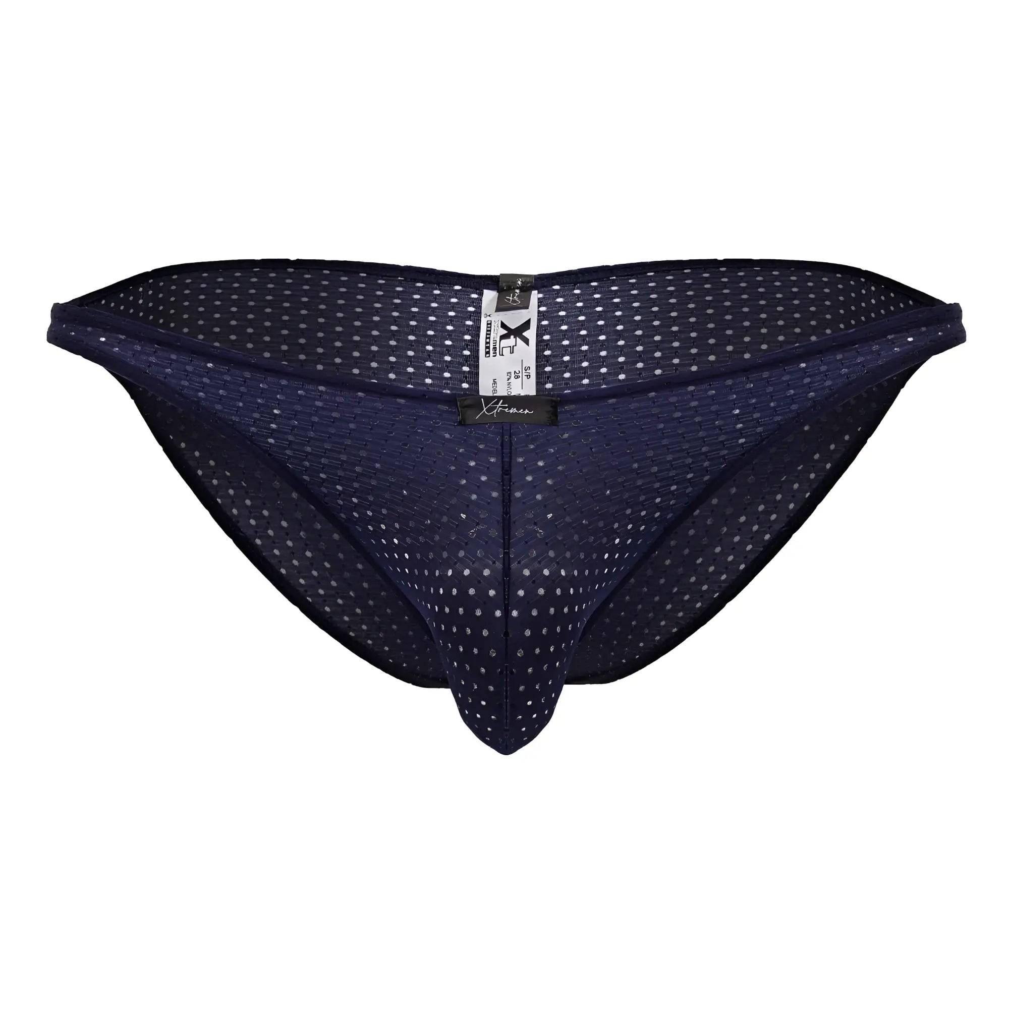Dark blue microfiber bikini briefs with a subtle white polka dot pattern from Xtremen 91215B collection