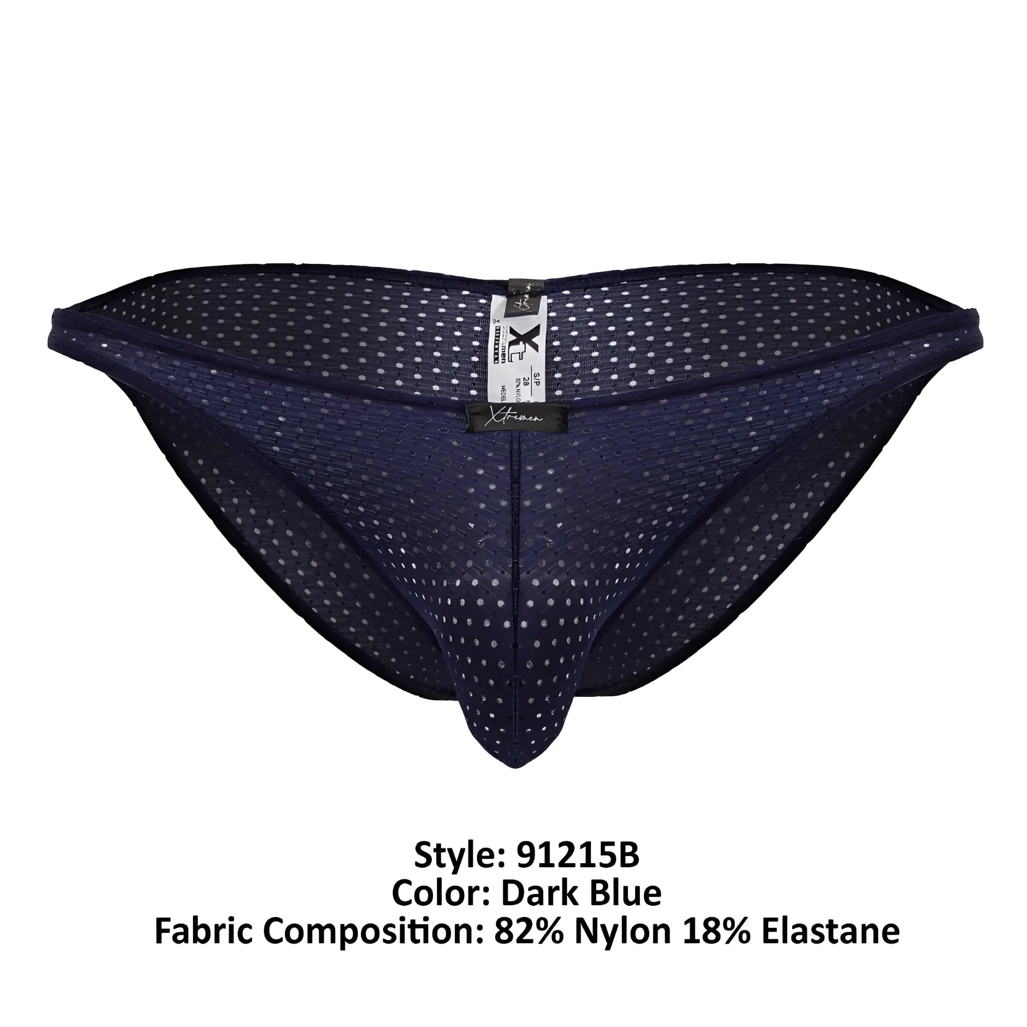 Dark blue xtremen 91215b microfiber bikini briefs with mesh fabric, subtle white dot pattern, and branded waistband tag