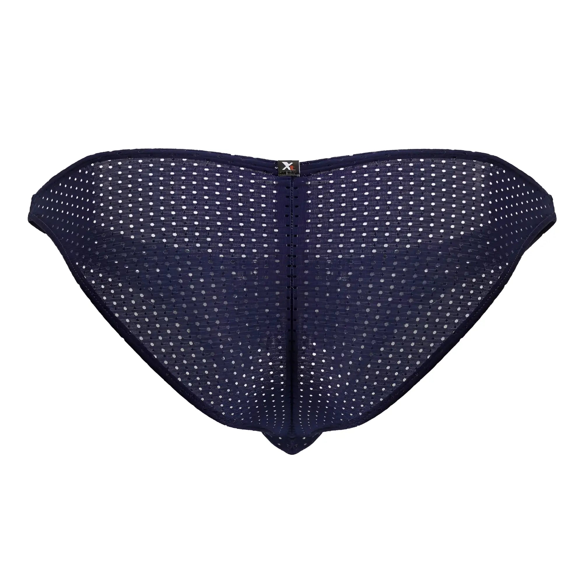 Navy blue microfiber mesh briefs with white polka dots and metallic logo on center back xtremen 91215b bikini