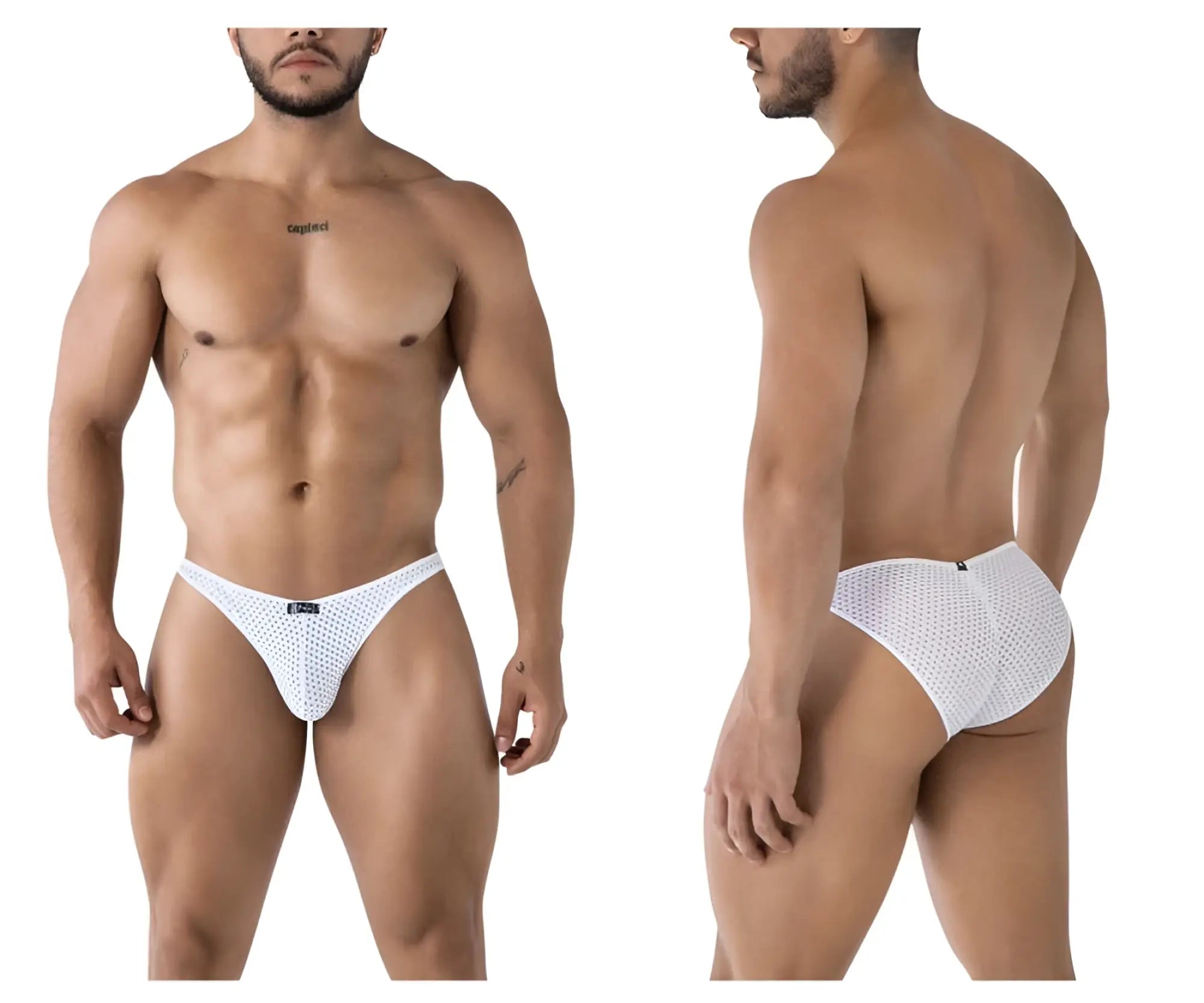 White xtremen 91215b microfiber bikini briefs with subtle mesh pattern and small black brand tag at waistband