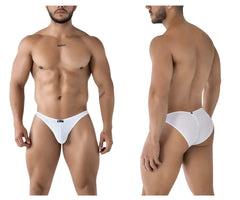 White xtremen 91215b microfiber bikini briefs with subtle mesh pattern and small black brand tag at waistband