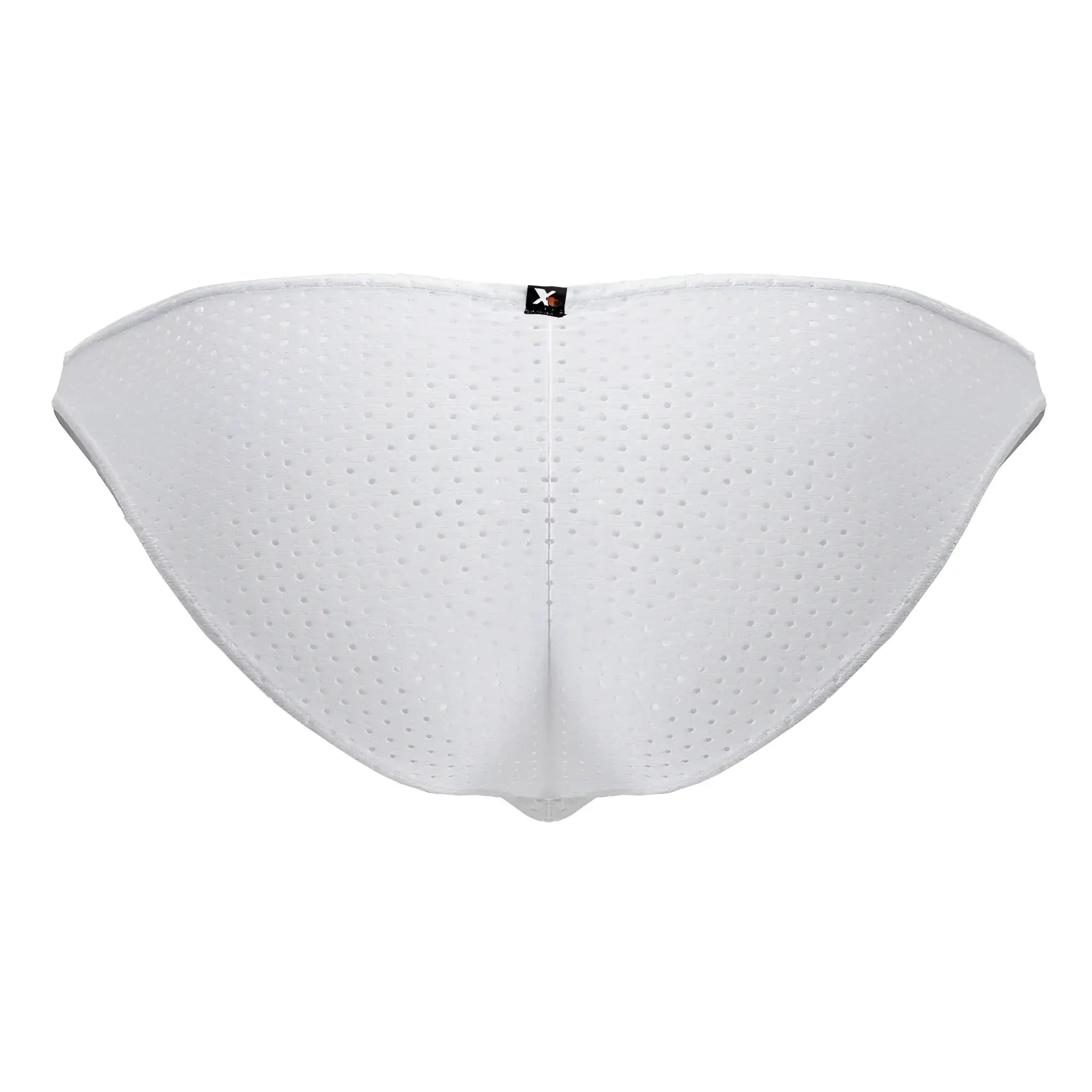 Xtremen 91215b white microfiber bikini briefs with perforated mesh, subtle central seam, and black logo tag at the back