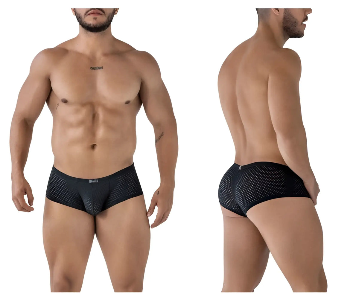 Black Xtremen 91216B microfiber trunks with a sleek form-fitting design and subtle perforated mesh pattern