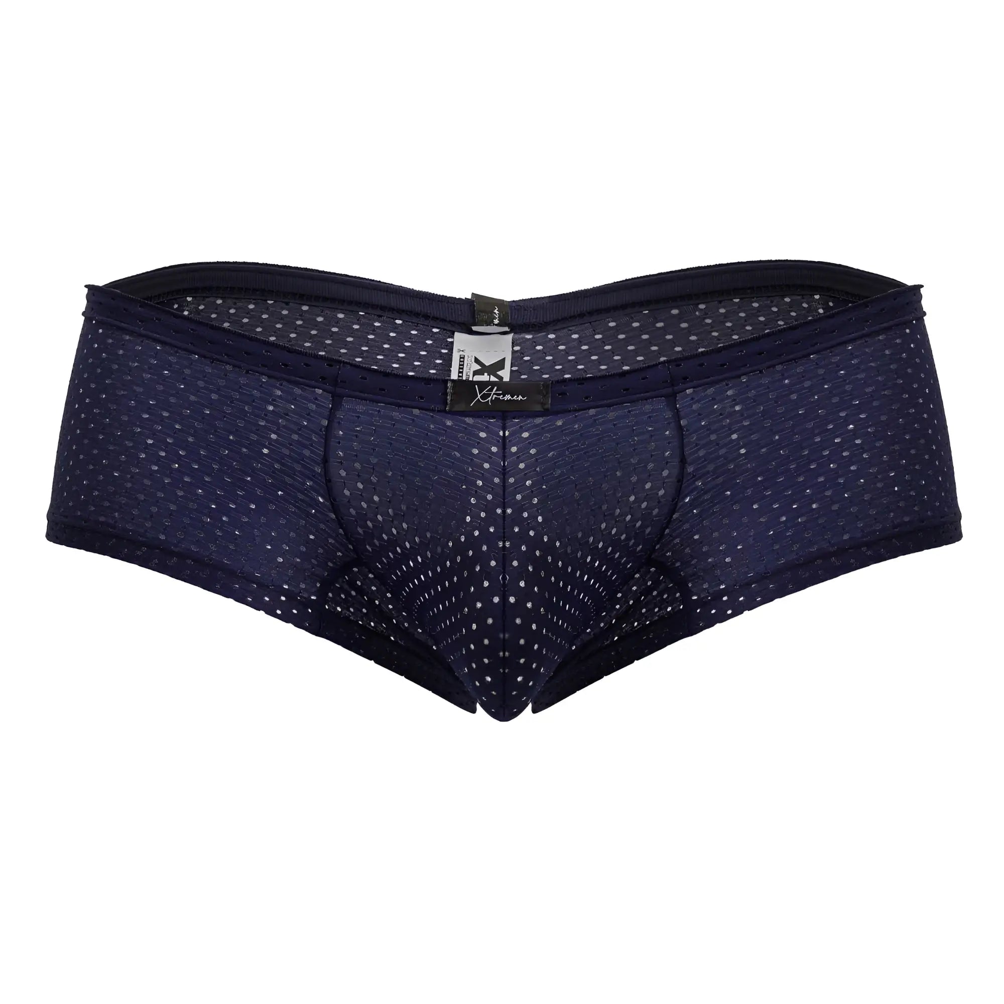 Navy blue microfiber mesh briefs with white polka dots and black elastic waistband xtremen 91216b trunks