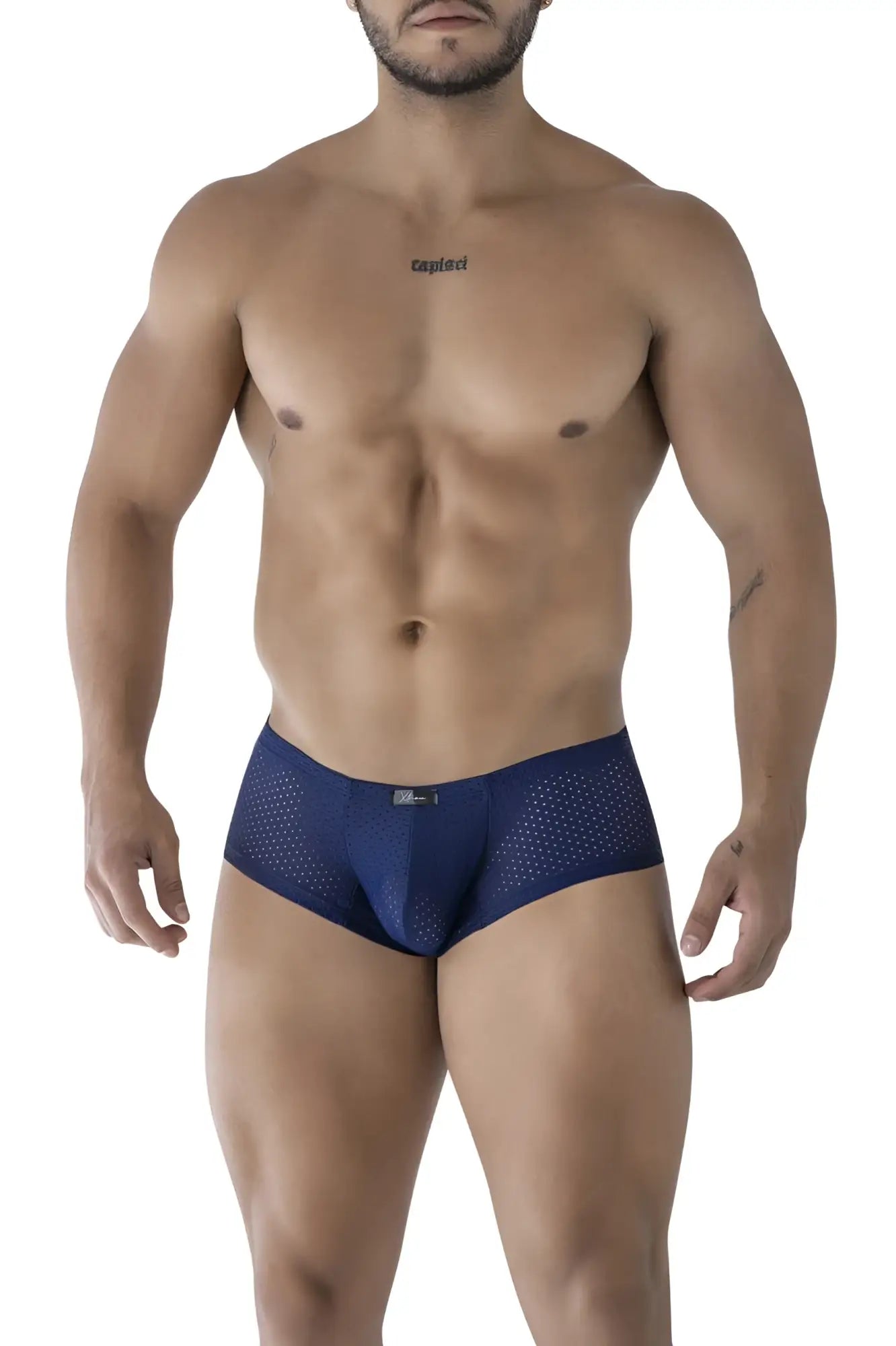 Navy blue perforated mesh men’s briefs xtremen 91216b microfiber trunks featuring breathable dark blue fabric