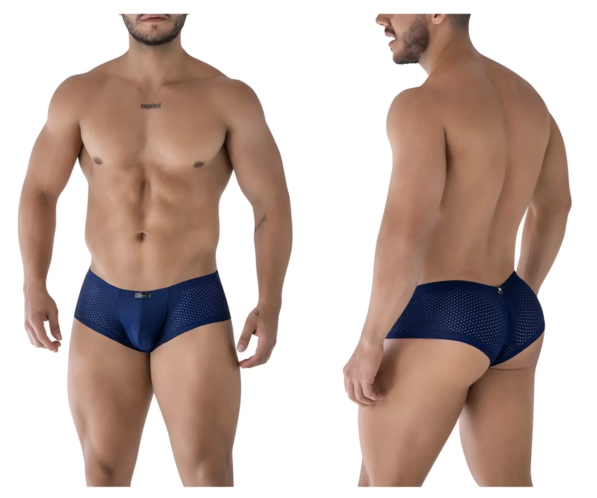 Navy blue xtremen 91216b microfiber trunks with perforated mesh and subtle logo on waistband front view