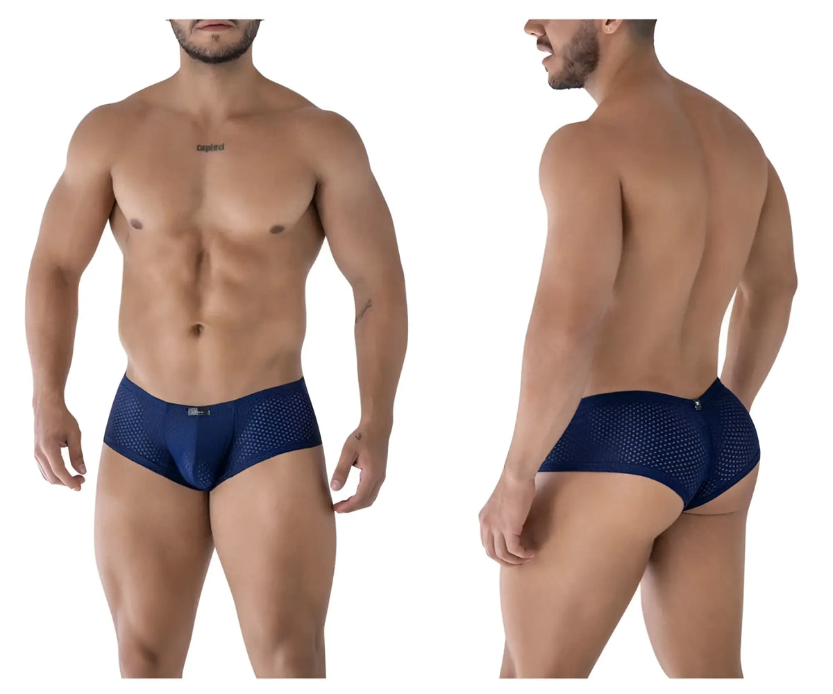 Navy blue xtremen 91216b microfiber trunks with perforated mesh and subtle logo on waistband front view