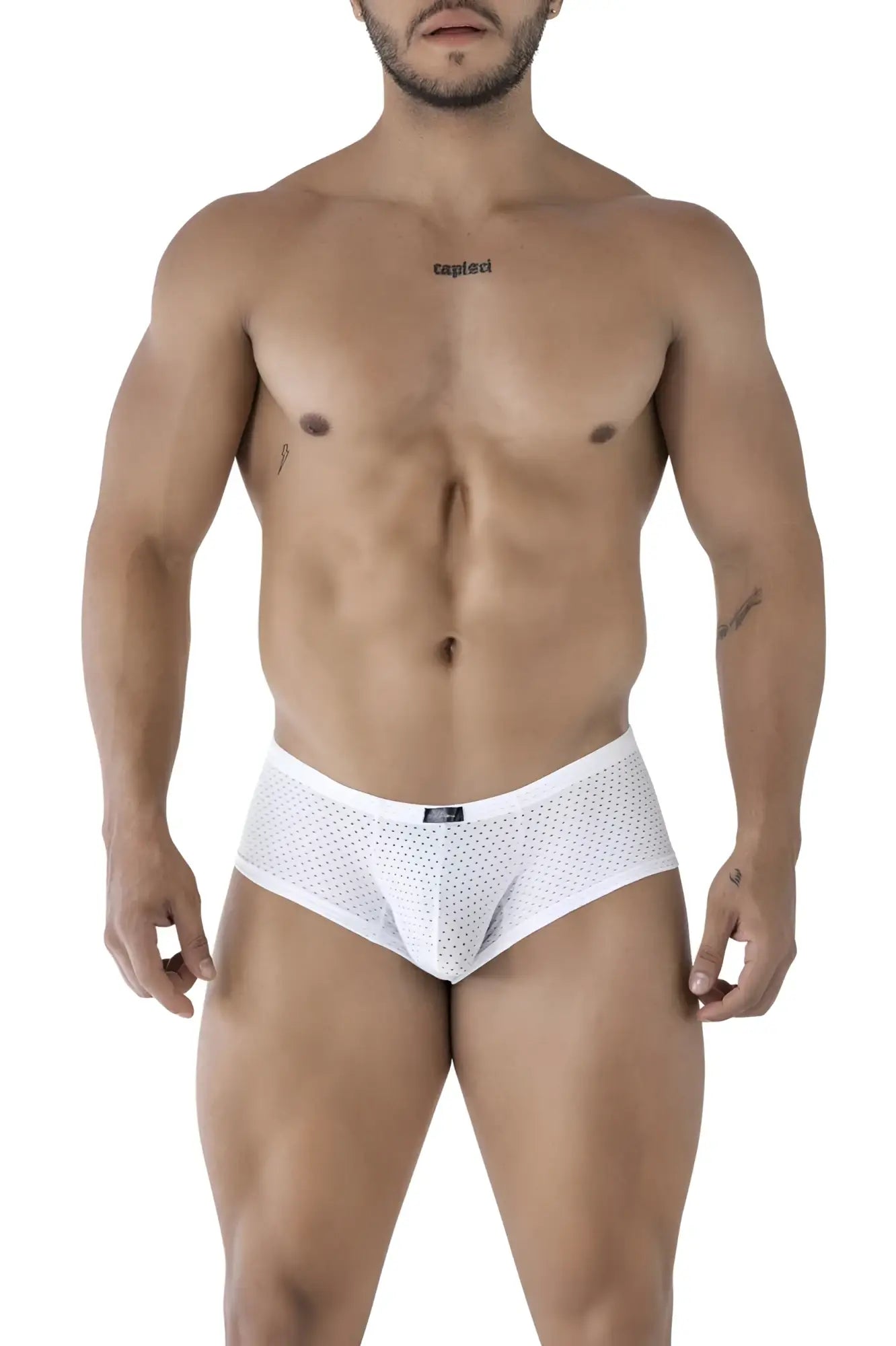Xtremen 91216B microfiber white mesh briefs with subtle perforated pattern and black brand tag at waistband