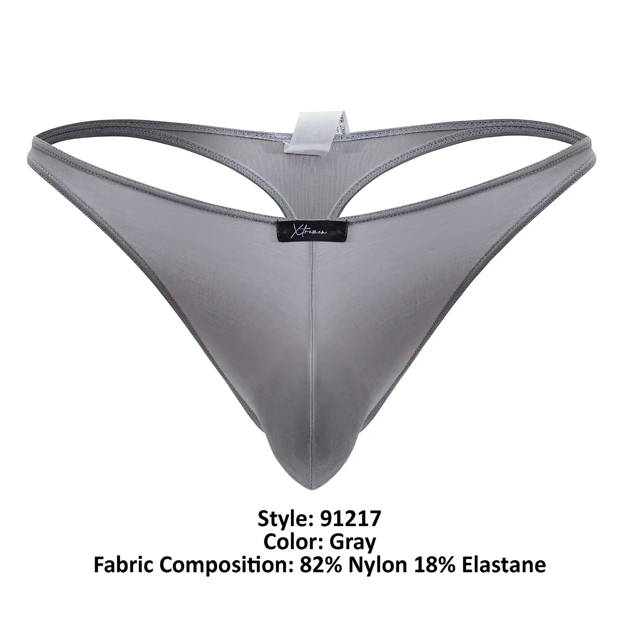 Gray men’s thong xtremen 91217 microfiber blend of 82% nylon 18% elastane with subtle textured finish shown from back