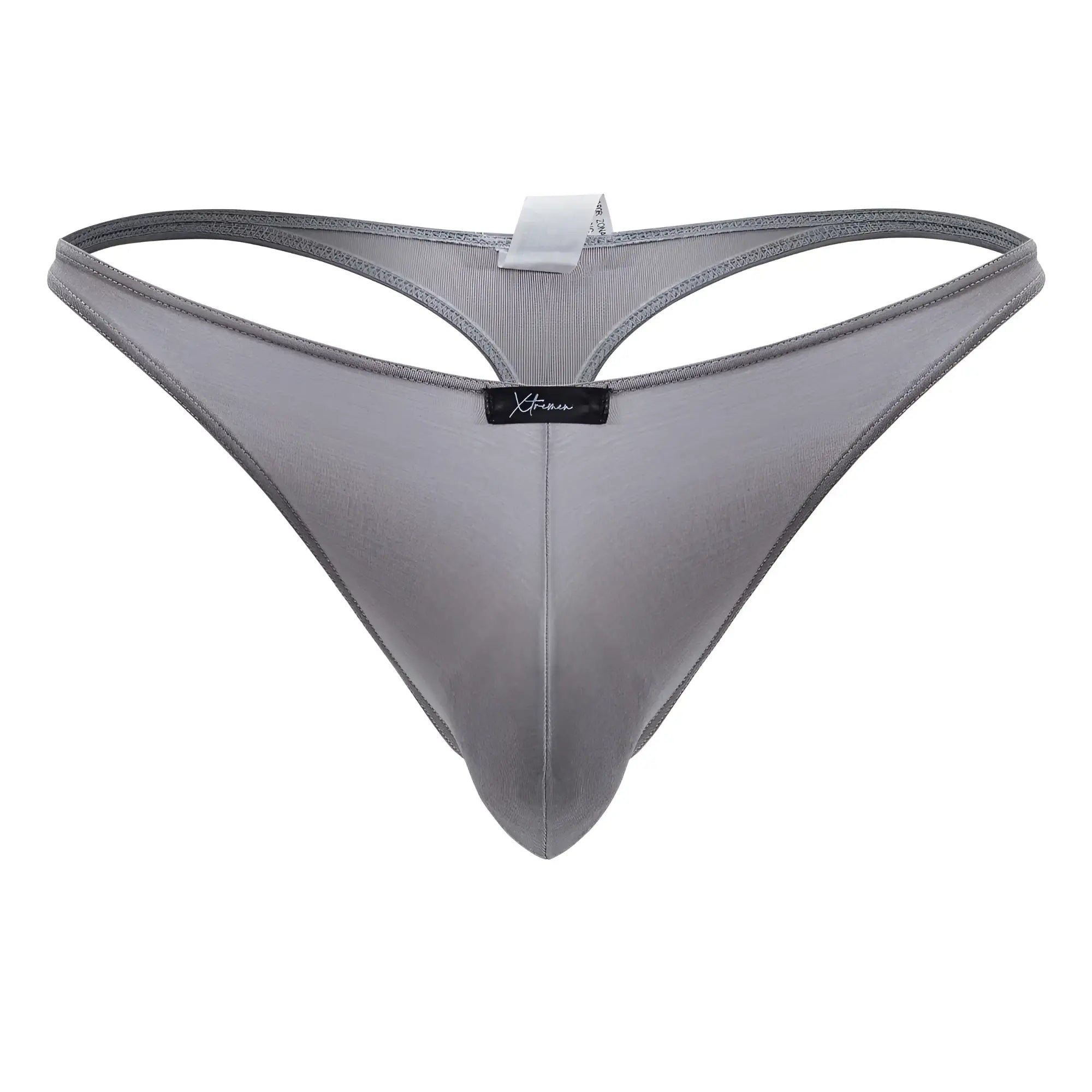 Gray xtremen 91217 microfiber thong with subtle mesh texture and black brand tag at the center front