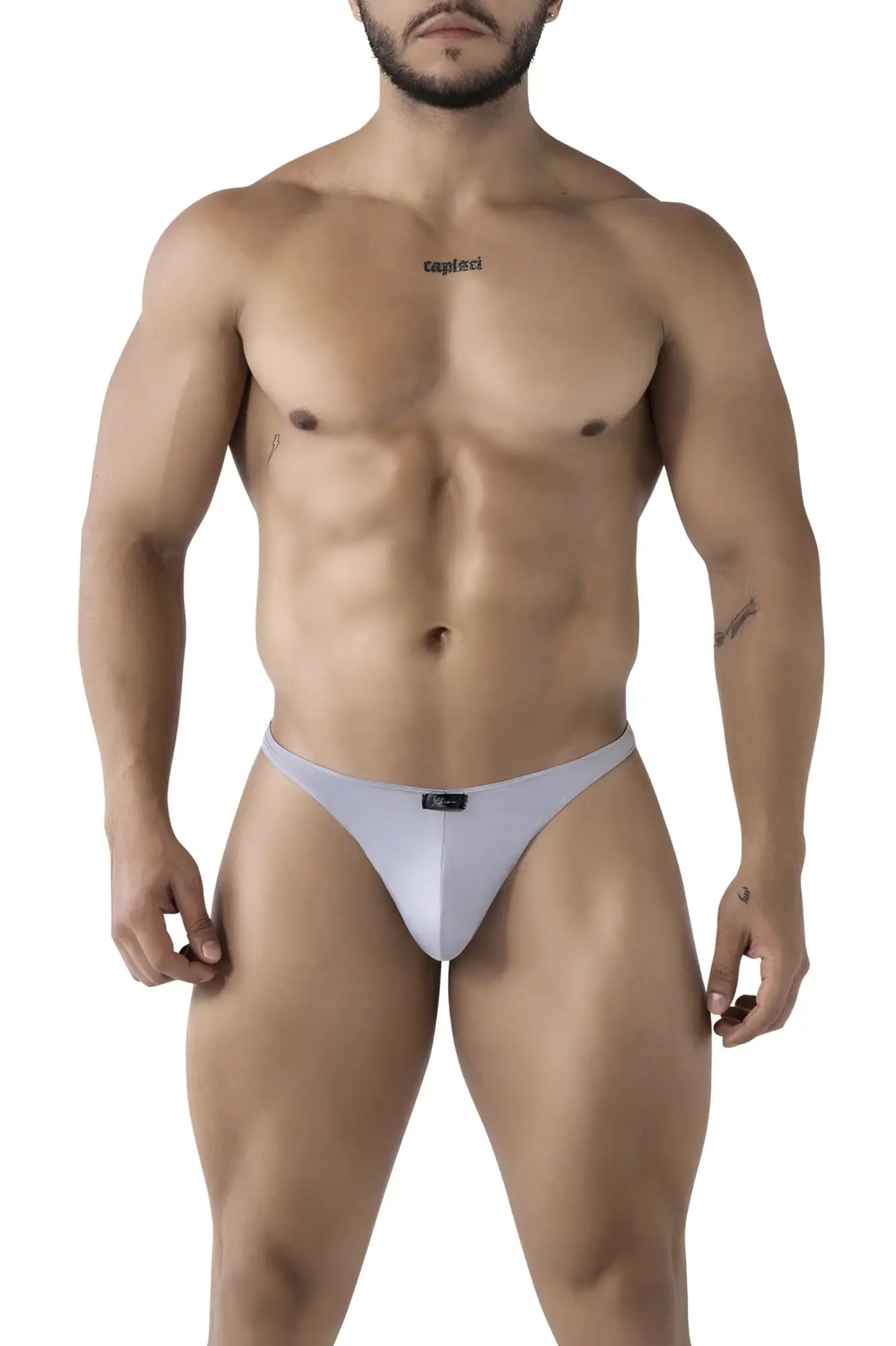 White form-fitting microfiber thong with subtle brand logo on waistband from xtremen 91217 in gray shown from back