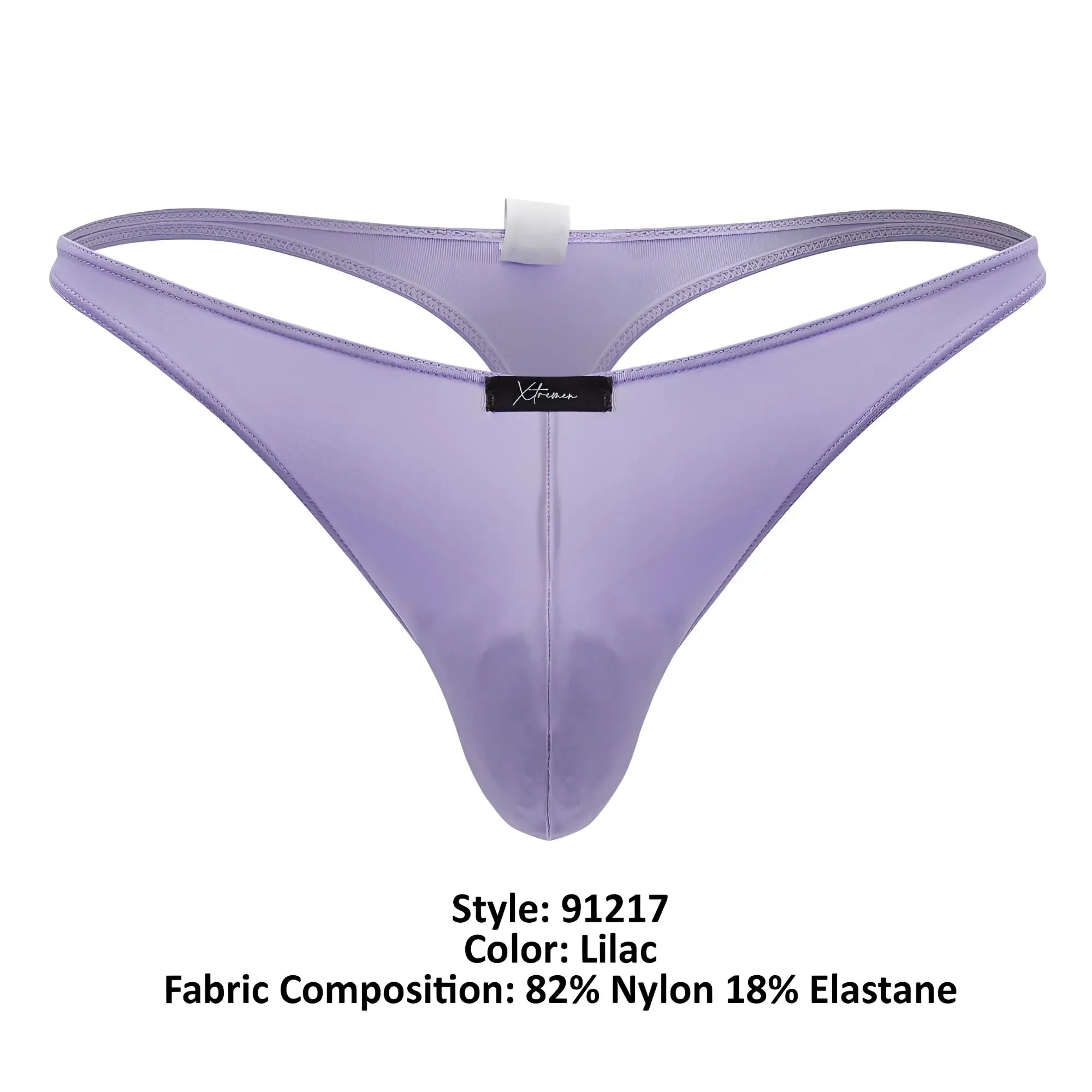 Lilac Xtremen 91217 sheer nylon and elastane microfiber thong with black brand tag shown from the back side