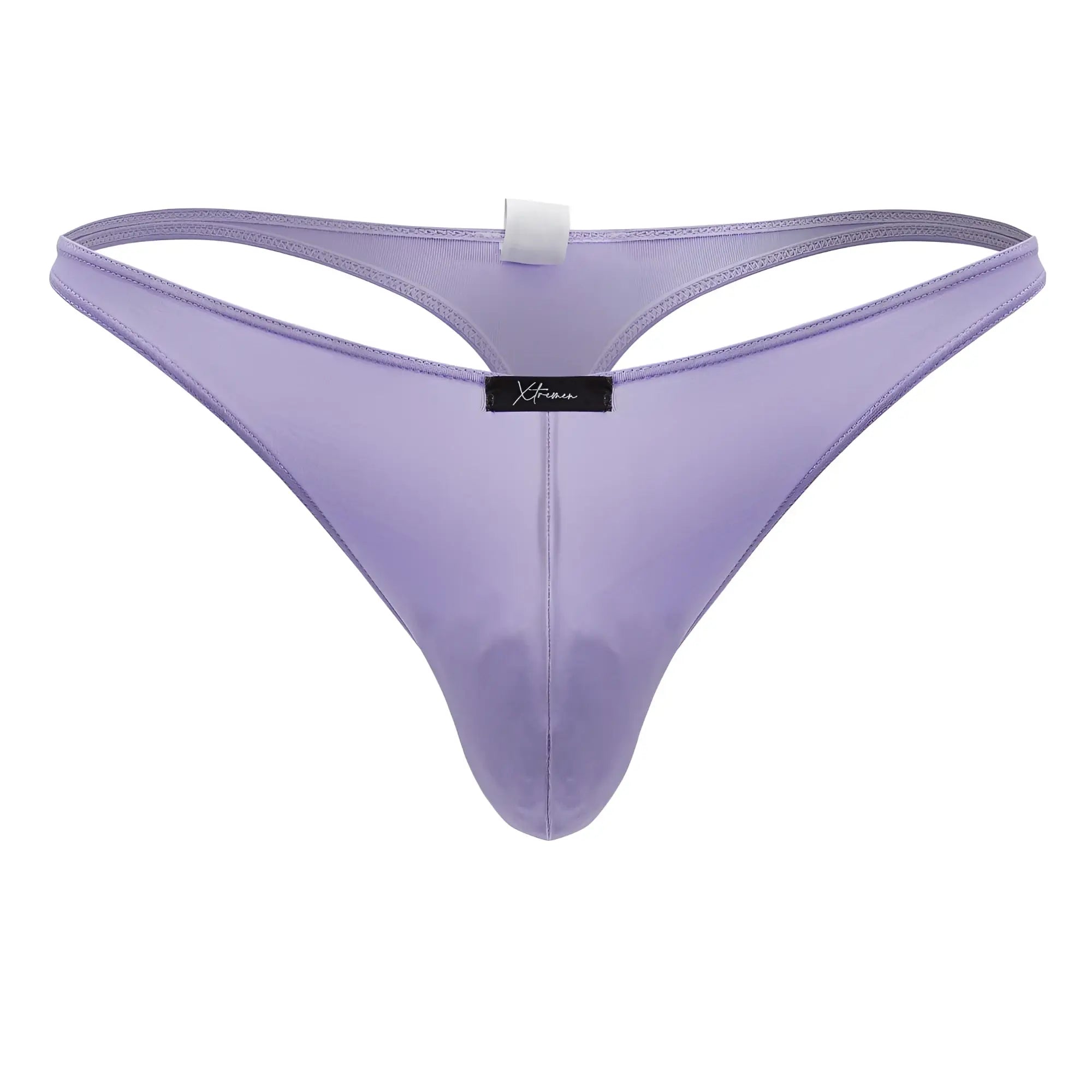 Lavender-colored sheer mesh microfiber thong with a black xtremen brand tag in lilac color