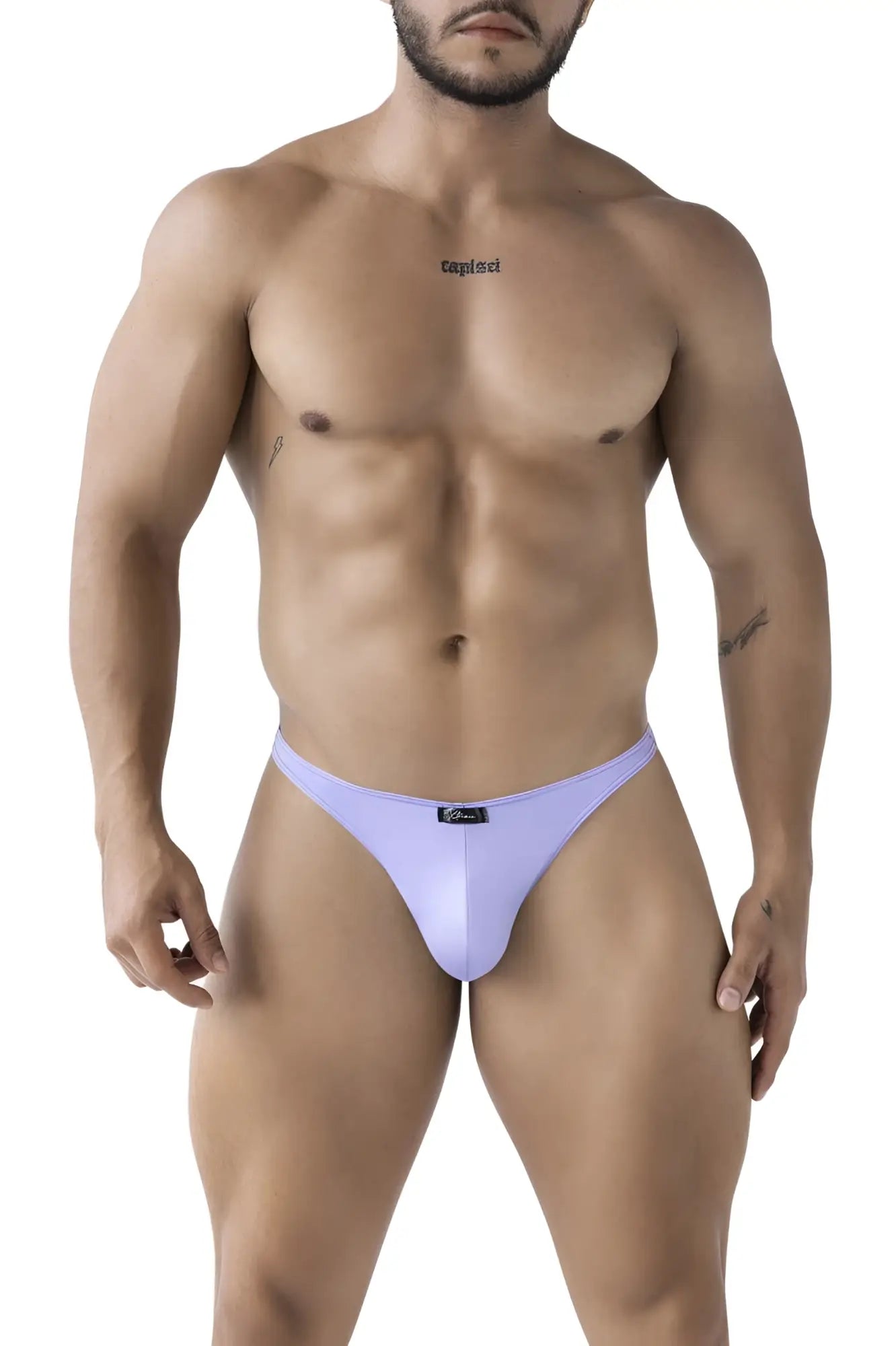 Back view of xtremen 91217 lilac microfiber thong with sleek form fitting design and small black brand tag