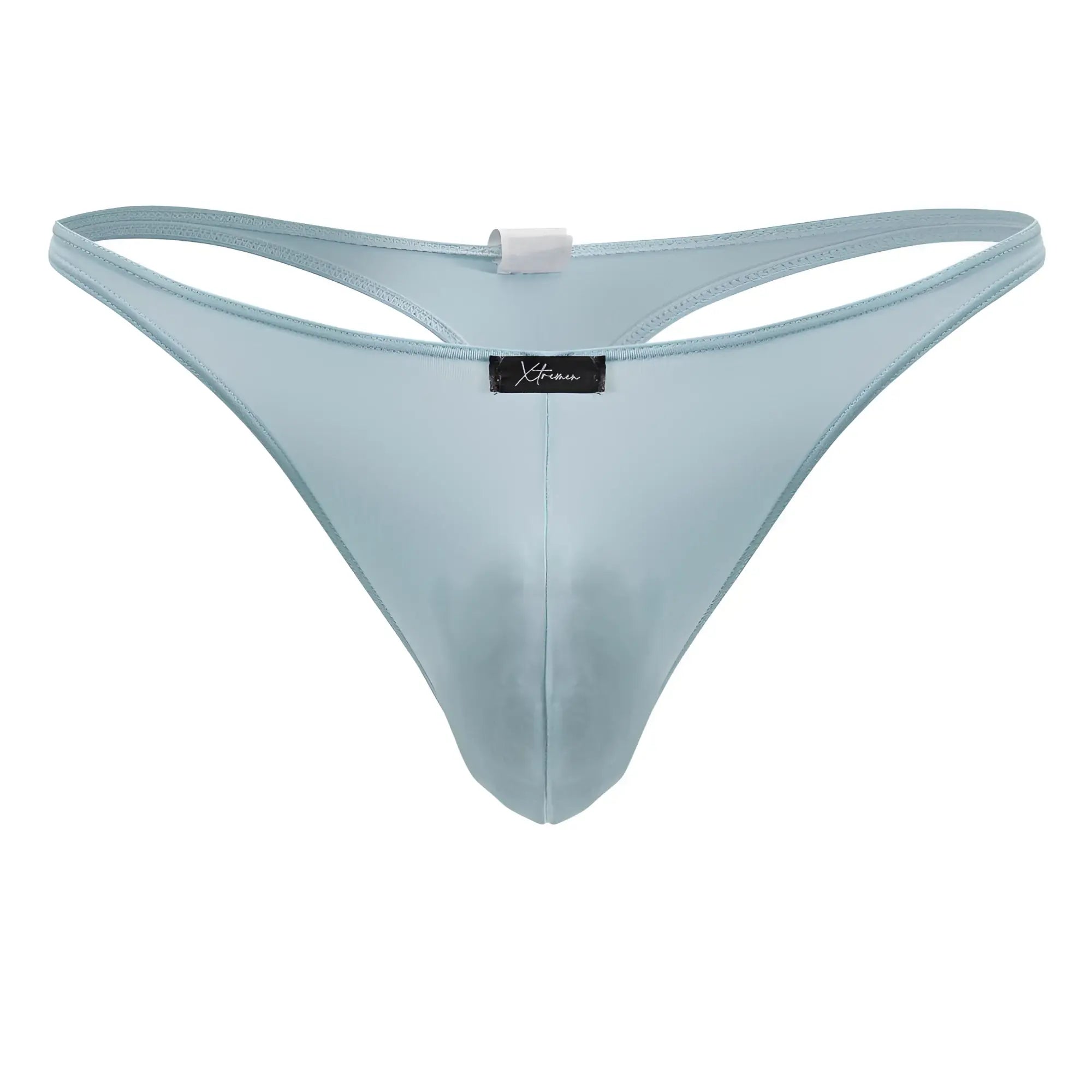 Light blue sheer mesh microfiber thong with black Xtremen brand tag in the center, color seawater