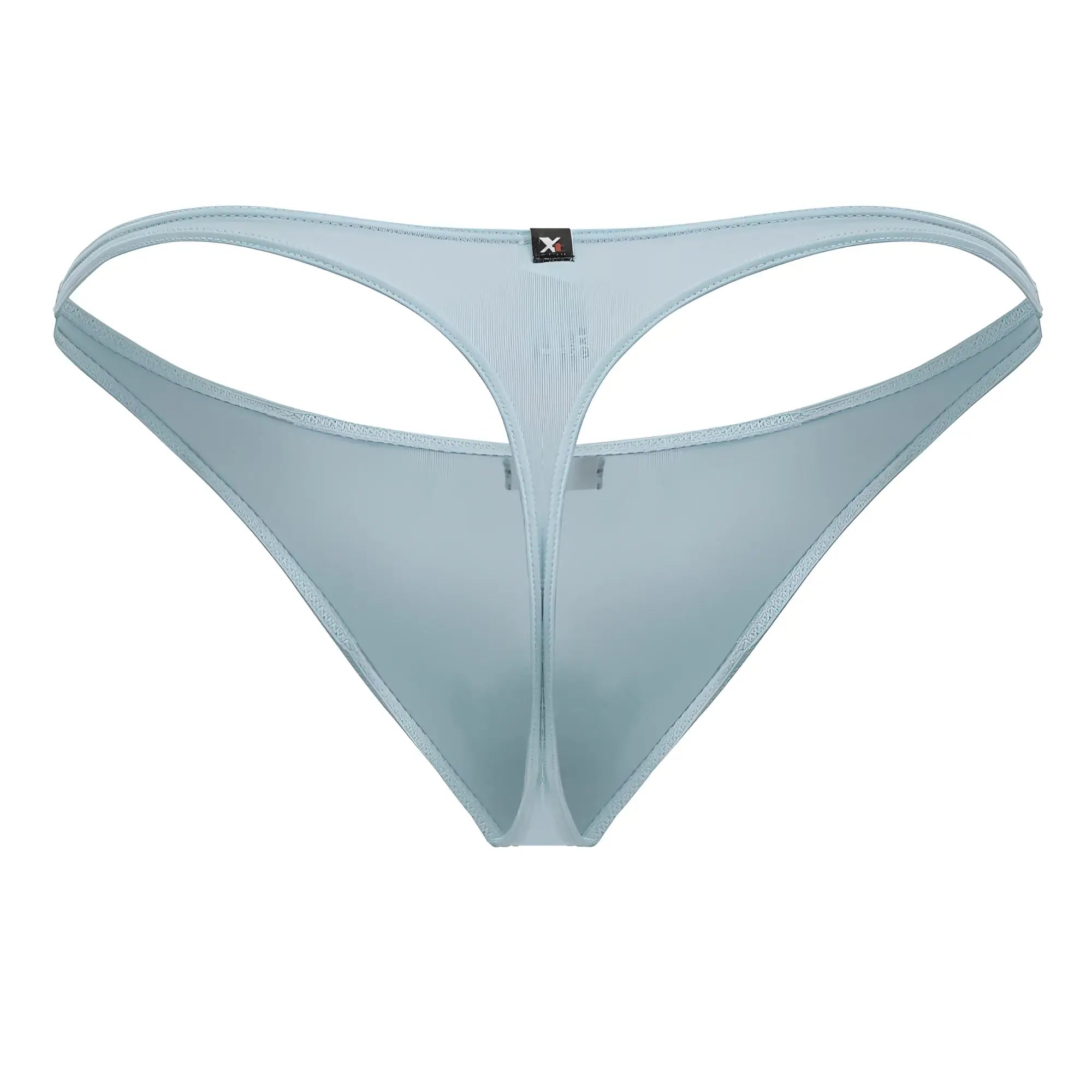 Light blue sheer mesh thong with thin supportive design and small black Xtremen brand tag at the back in color seawater