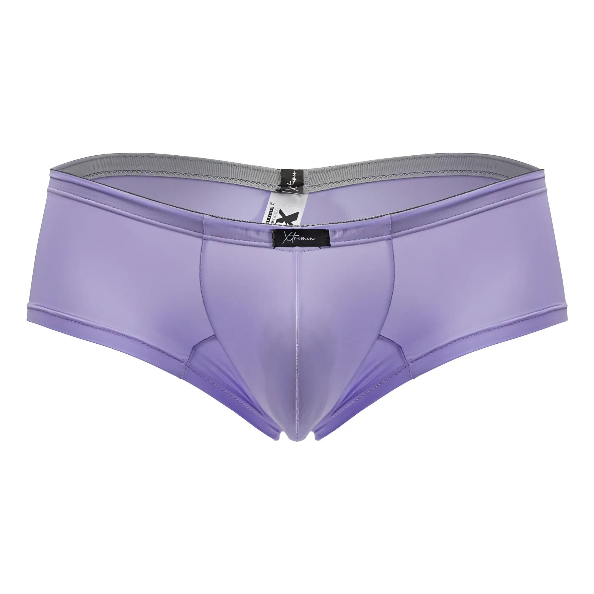 Xtremen 91219 microfiber trunks in lilac purple satin with gray elastic waistband and black brand tags