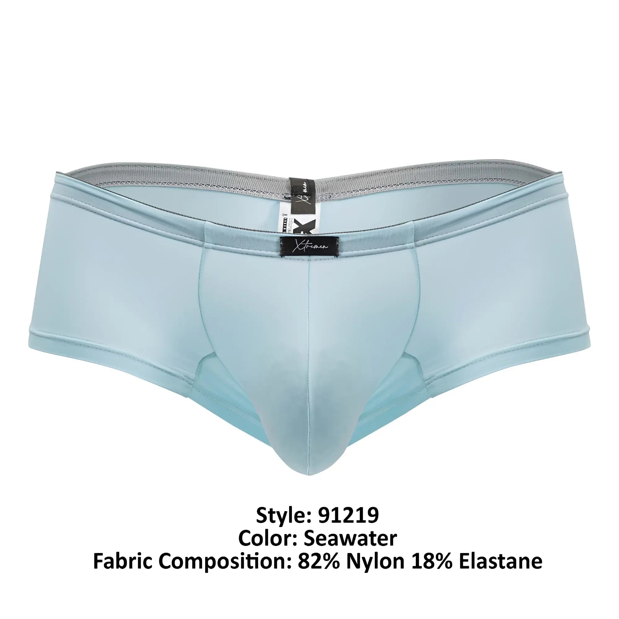 Light blue seawater mens microfiber trunks made of 82 nylon 18 elastane with gray elastic waistband by Xtremen