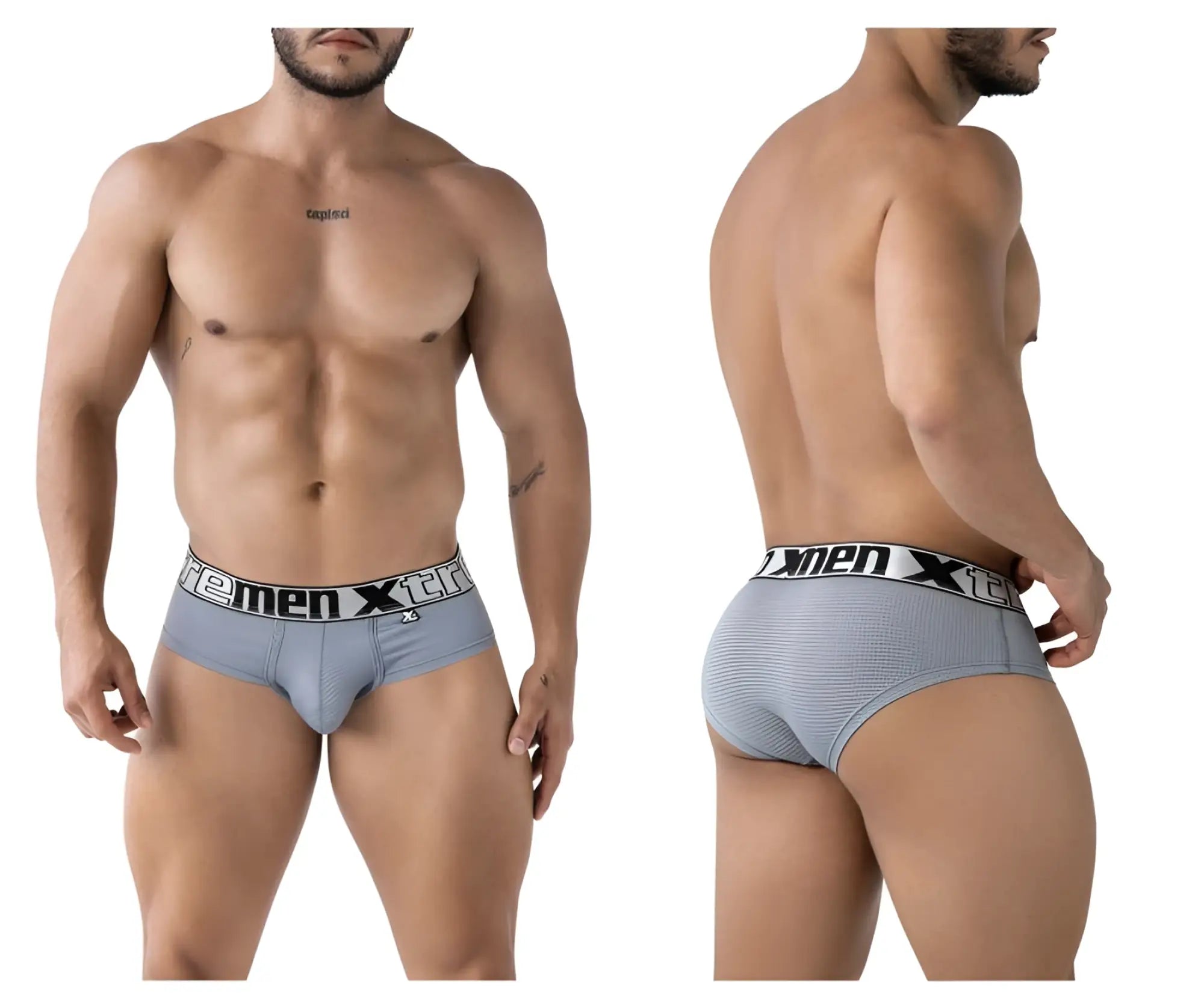 Gray xtremen 91221 microfiber men’s briefs with white elastic waistband and black xtreme men logo