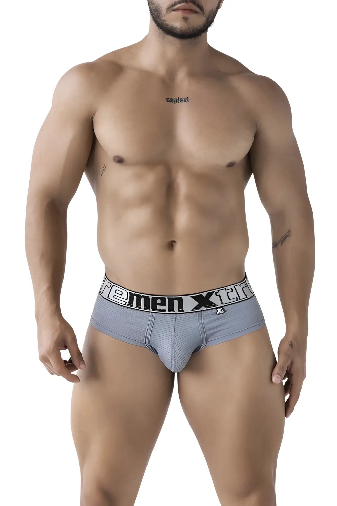 Gray xtremen 91221 microfiber briefs with gray textured fabric and black and white branded waistband