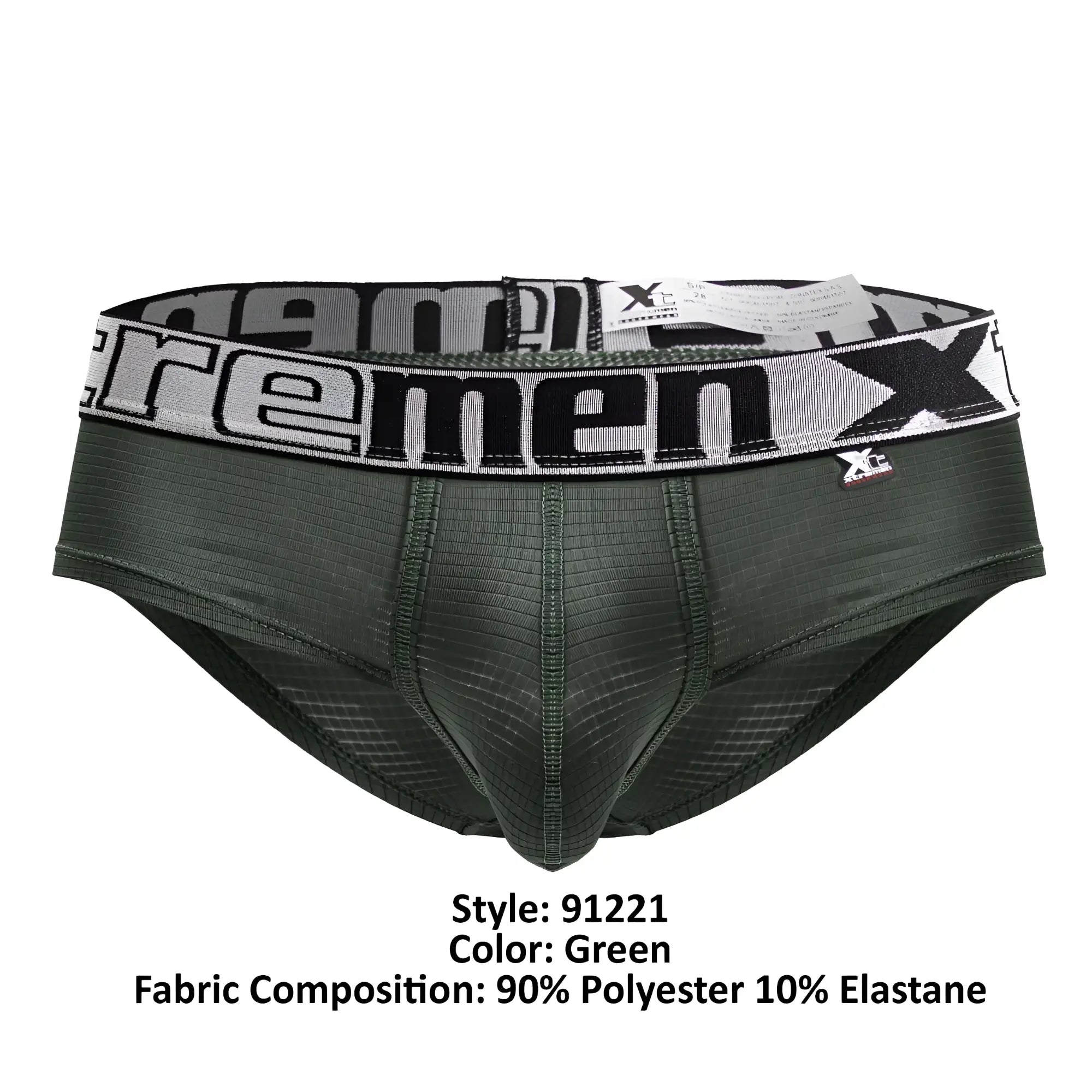Dark green xtremen 91221 microfiber men’s briefs with black and white elastic waistband featuring xtrememen logo