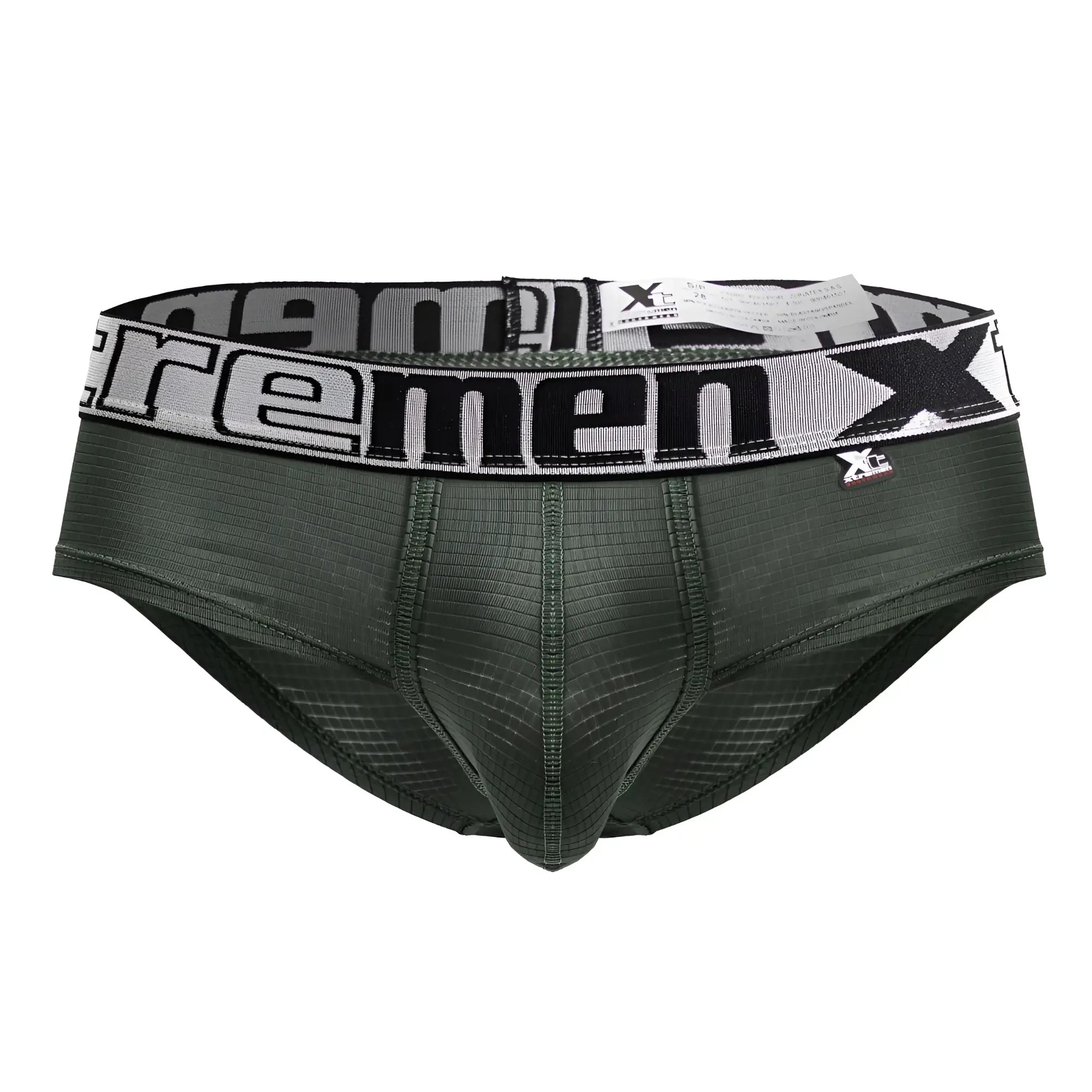 Dark green xtremen 91221 microfiber men’s briefs with black and white elastic waistband featuring the xtreme logo