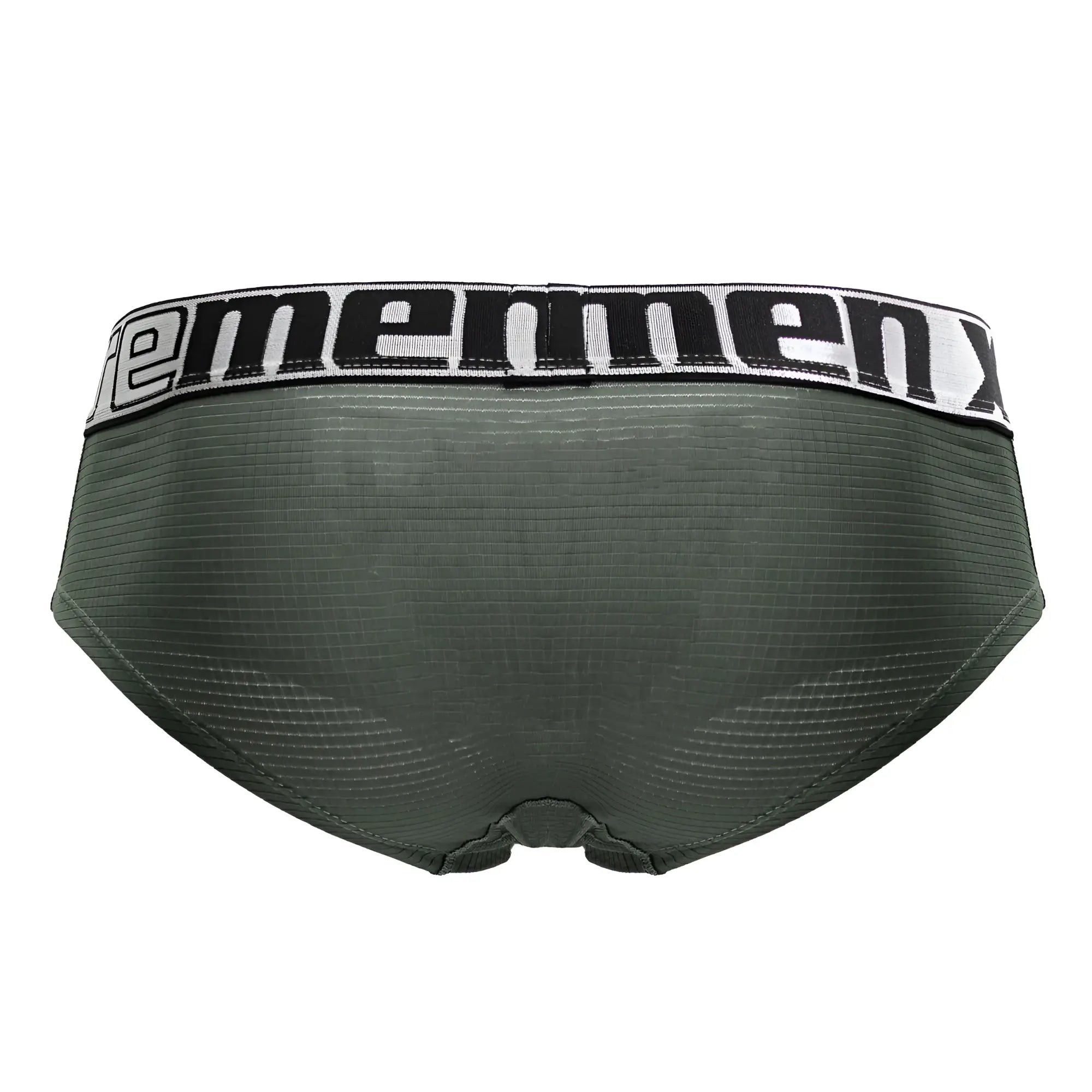 Olive green xtremen 91221 microfiber men’s briefs with a black and white ememenx logo waistband