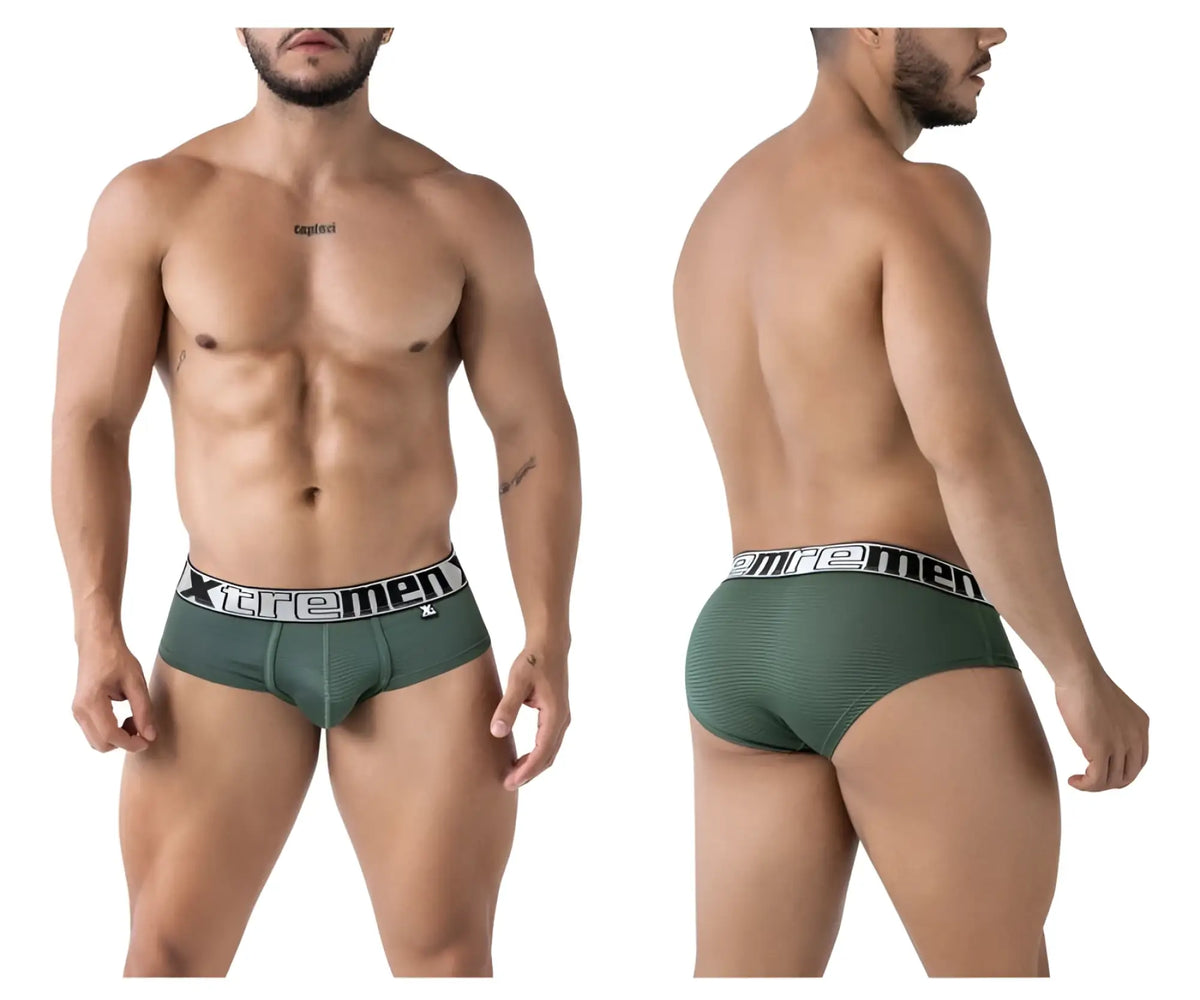 Olive green textured men’s microfiber briefs with black and white xtreme men waistband branding front view