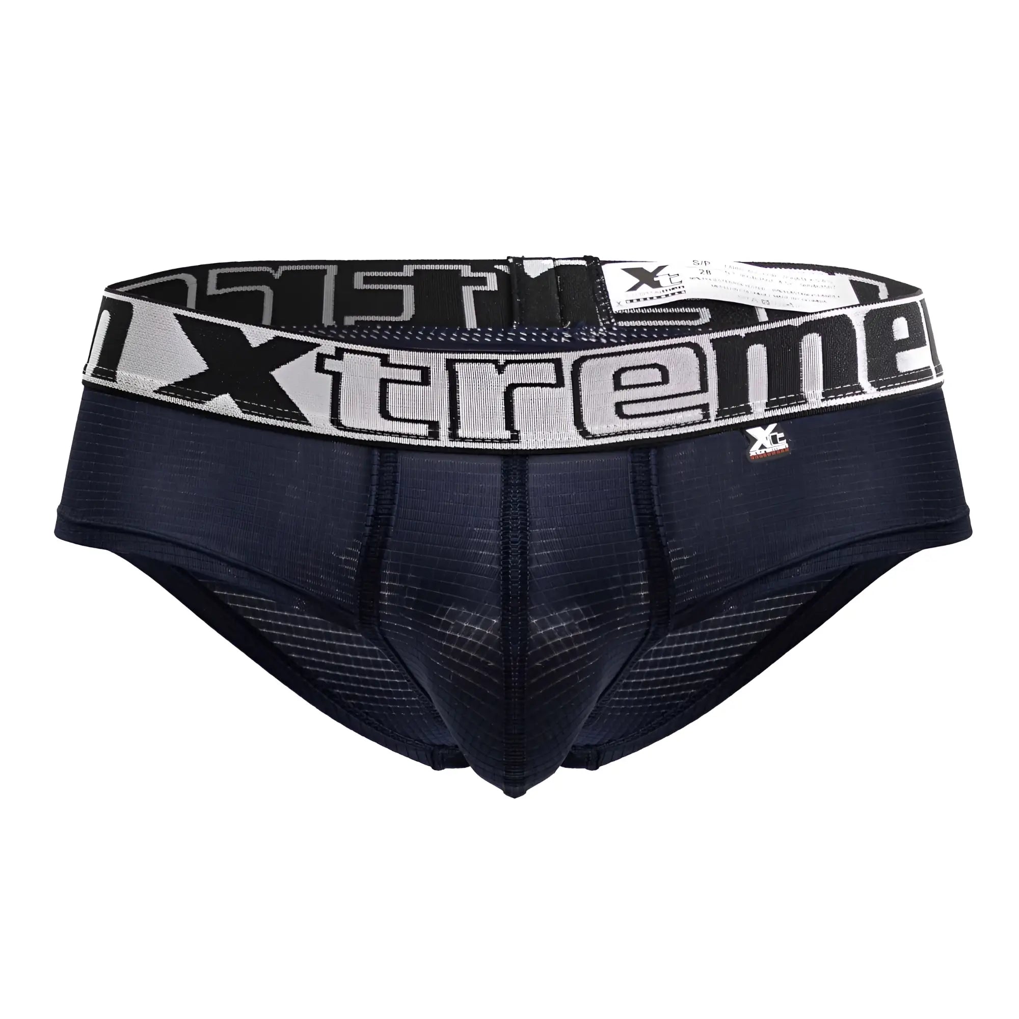 Black xtreme microfiber briefs in navy with gray and black logo waistband designed for comfort and support