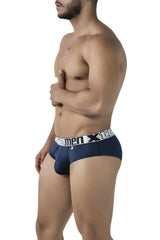 Navy microfiber men’s briefs with white elastic waistband featuring extremer x logo in black lettering