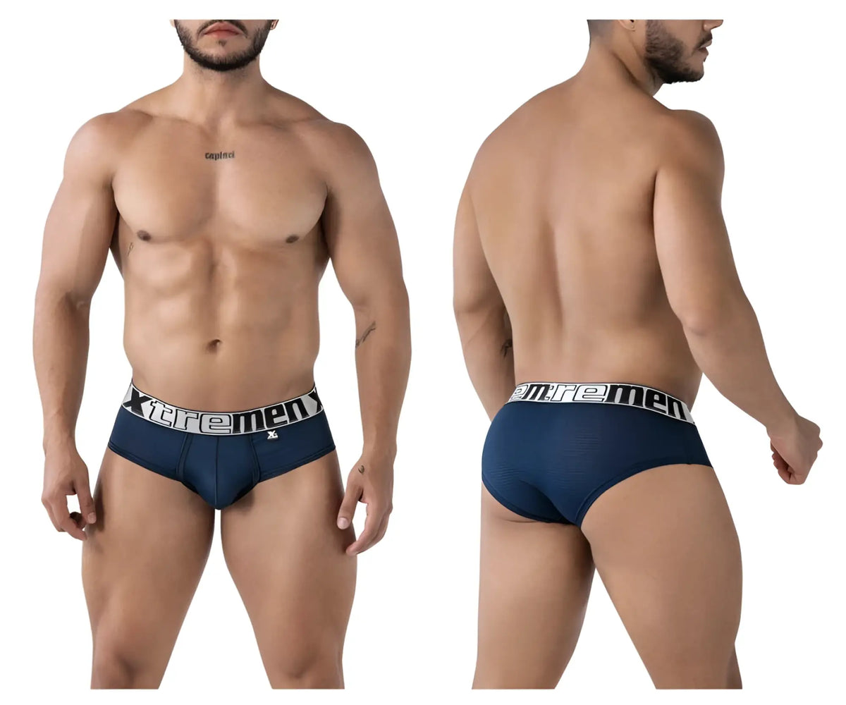 Navy blue Xtremen 91221 microfiber men’s briefs with a black and white branded waistband front view