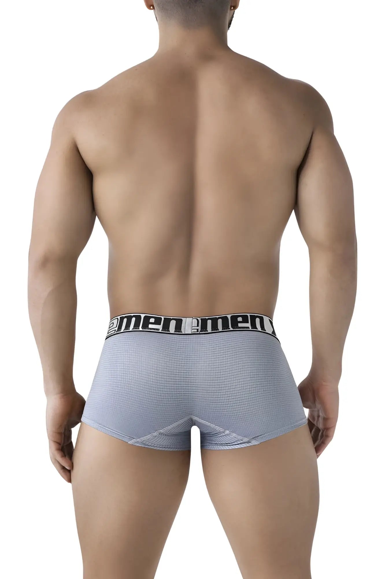 Light gray microfiber men’s briefs with textured fabric and black elastic waistband featuring 2men logo