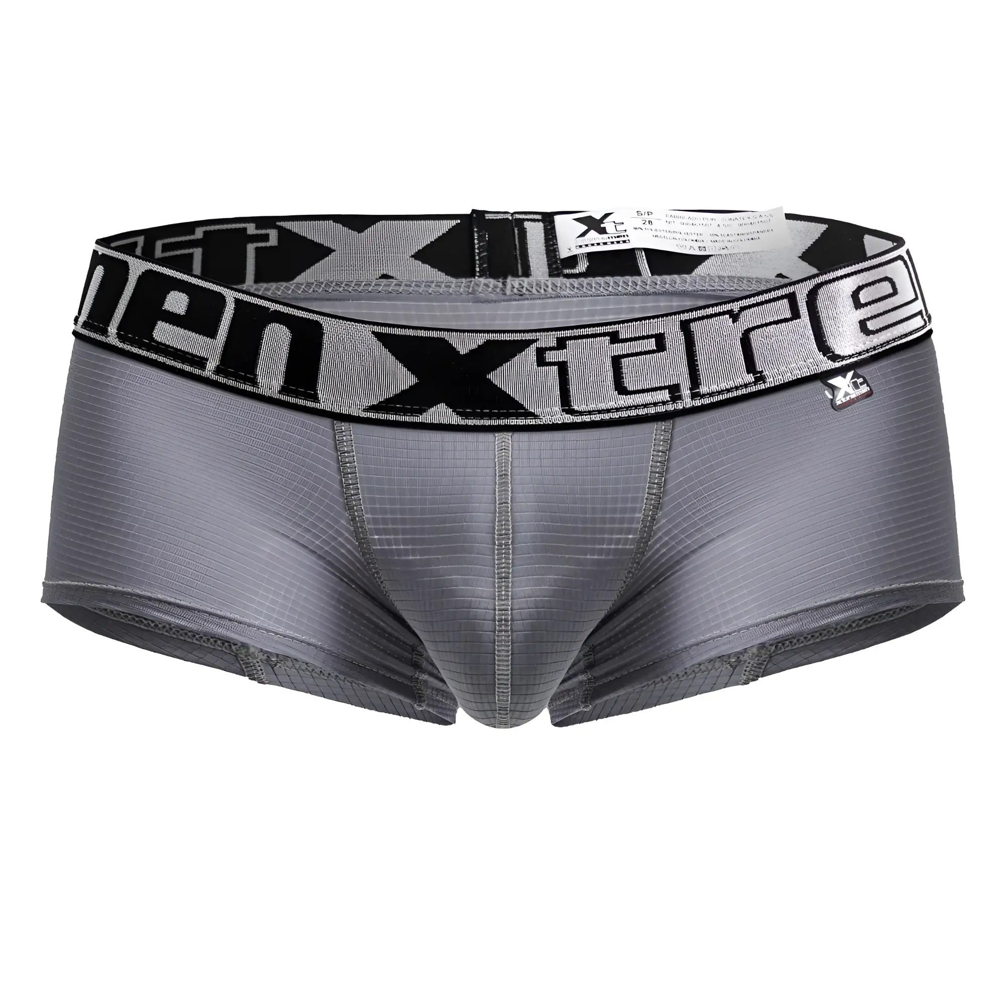 Gray xtremen 91222 microfiber trunks with a black and gray elastic waistband featuring bold xtreme logo lettering