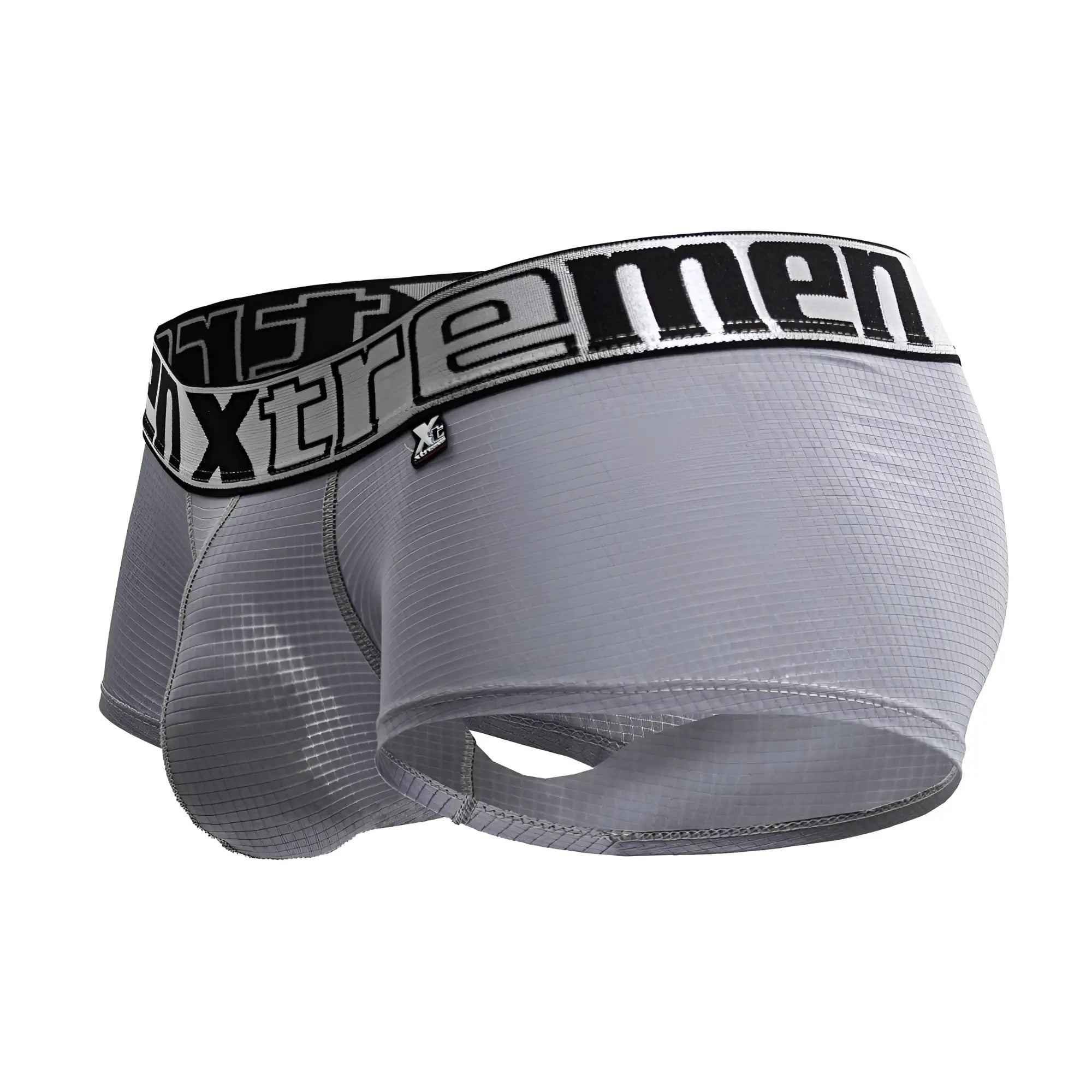 Gray xtremen 91222 microfiber men’s boxer briefs with black and white elastic waistband featuring brand logo