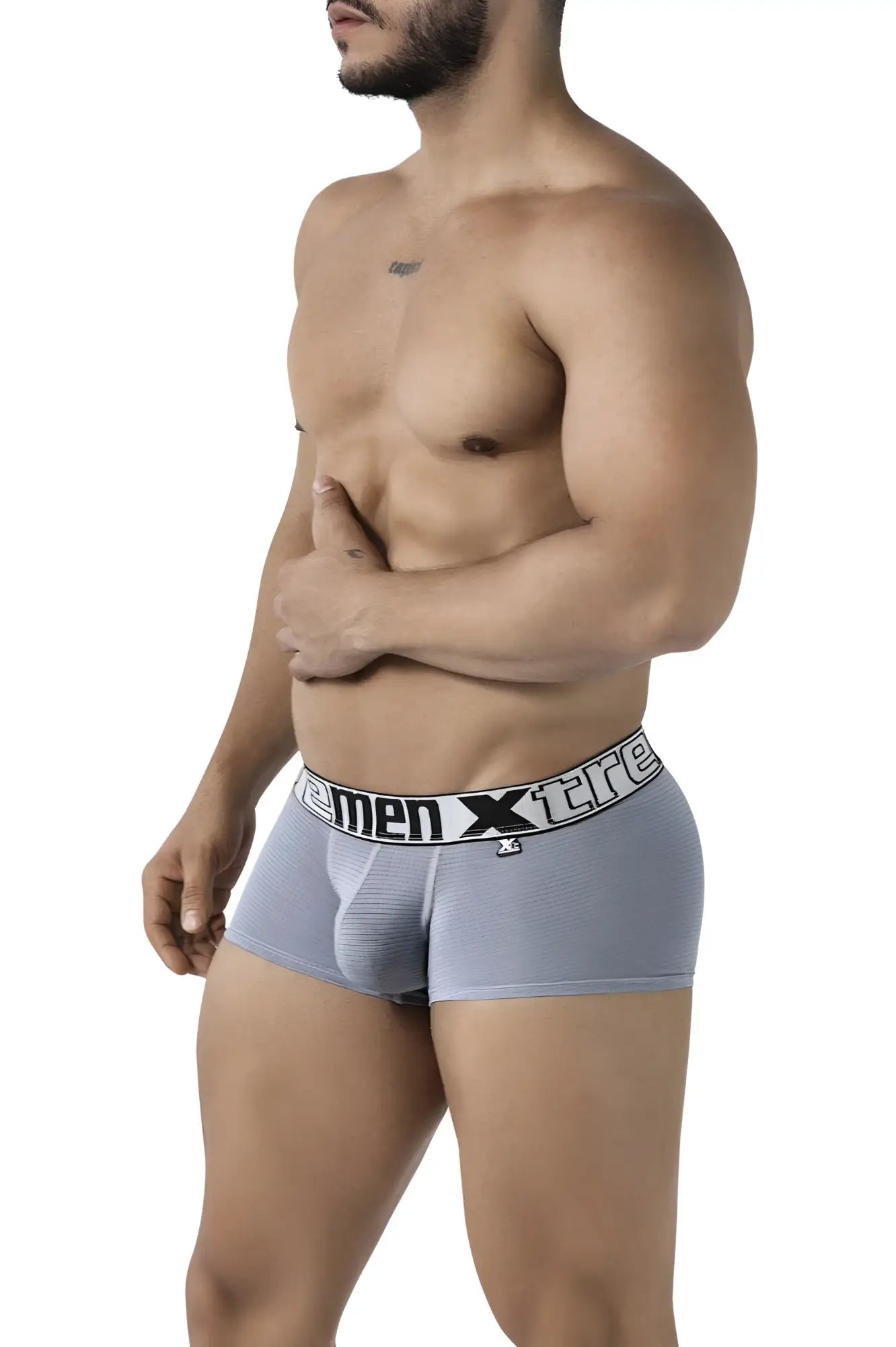 Gray xtremen 91222 microfiber men’s briefs with a white elastic waistband featuring the xtreme logo in black text