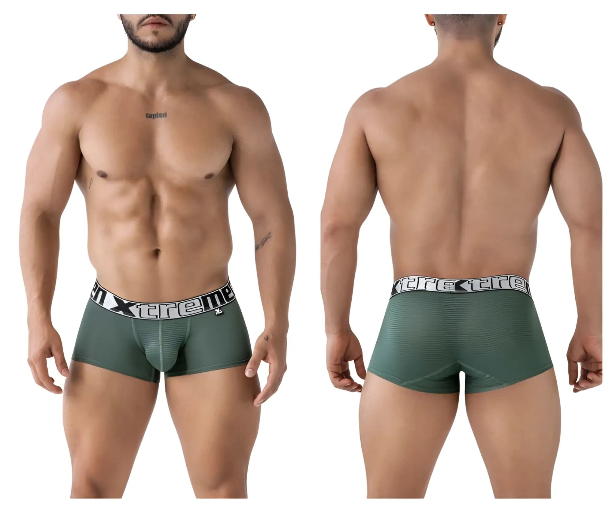 Dark green xtremen 91222 microfiber trunks with textured fabric and a white xtreme logo waistband