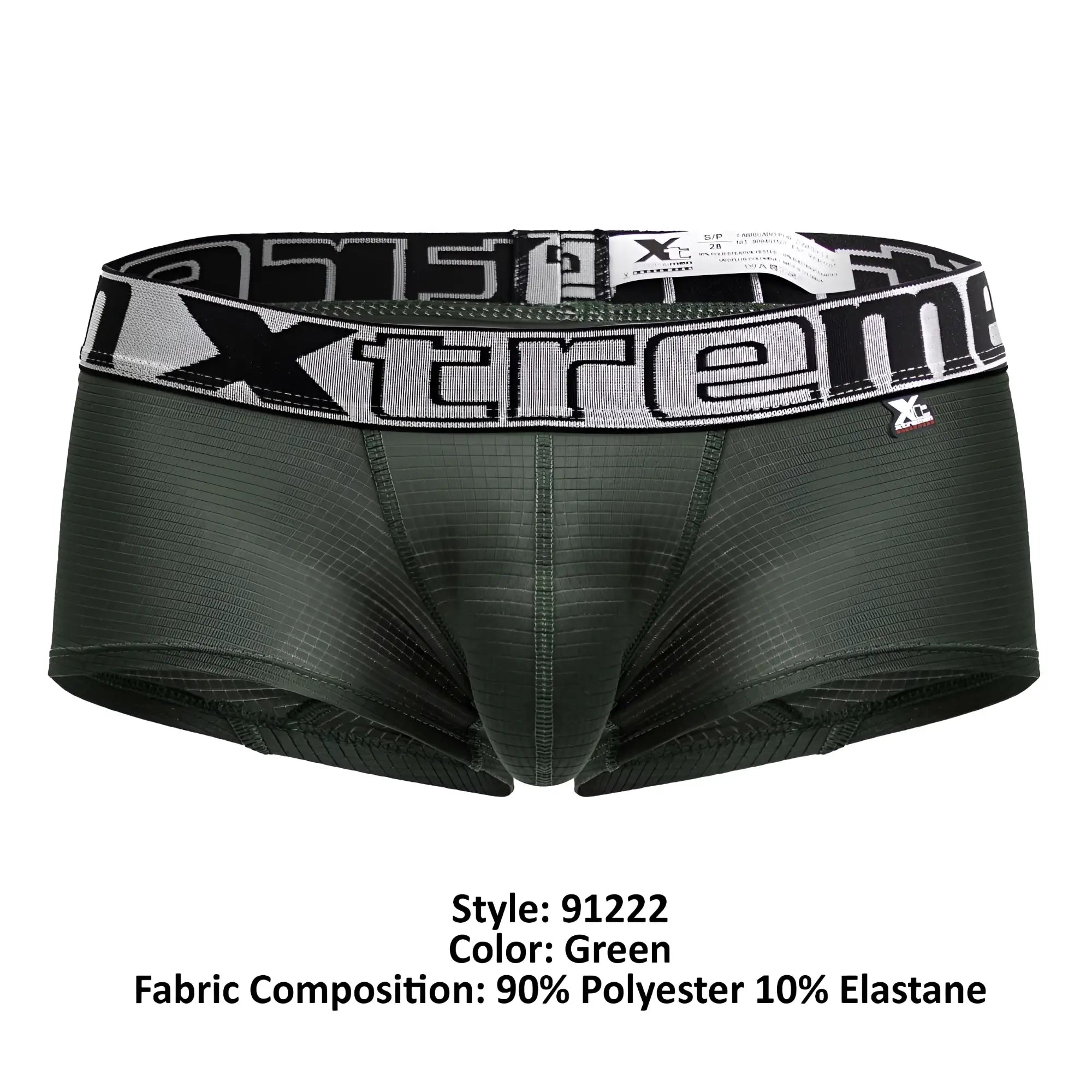 Dark green xtremen 91222 microfiber men’s boxer briefs with a black and white extreme patterned waistband