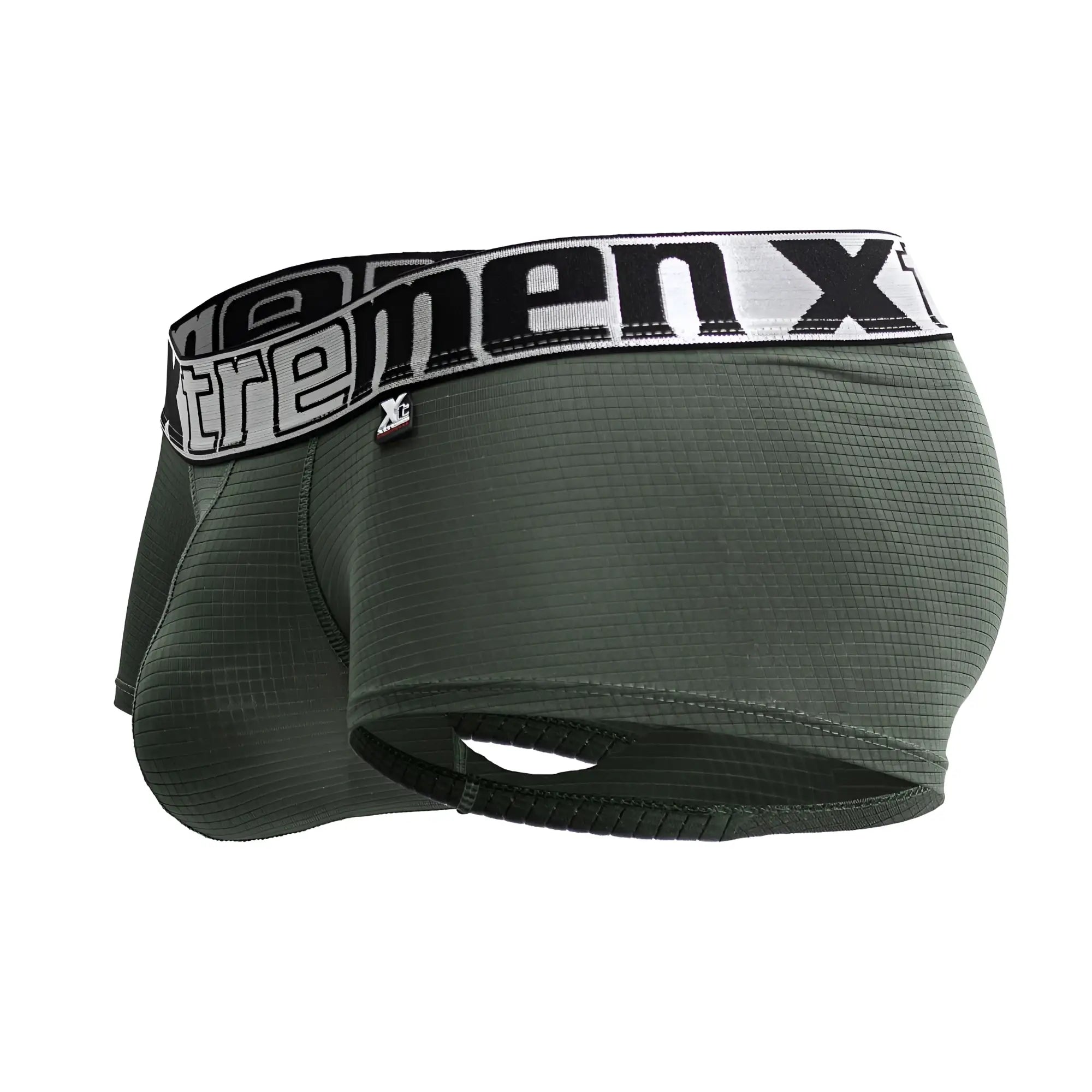 Dark green textured men’s microfiber boxer briefs with black and white extremen x elastic waistband front view