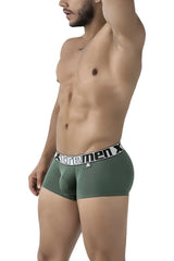 Olive green textured men’s boxer briefs with black and white xtremen x elastic waistband microfiber trunks