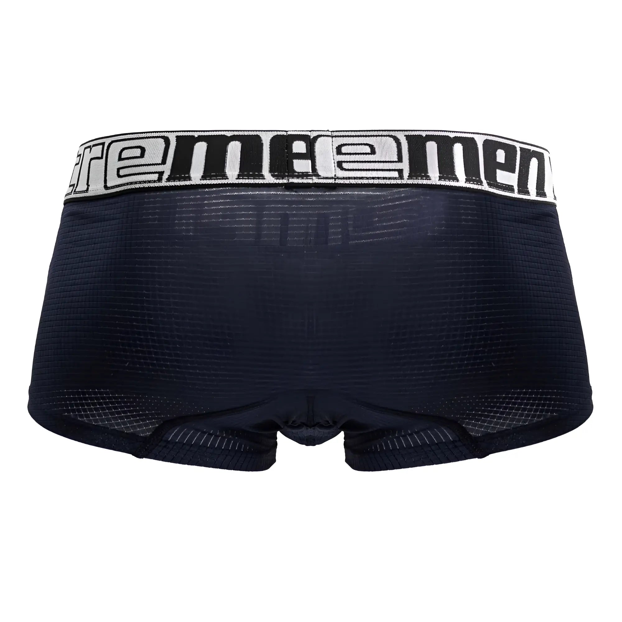 Black supreme men’s boxer briefs with white elastic waistband and bold black branding in xtremen 91222 microfiber trunks navy