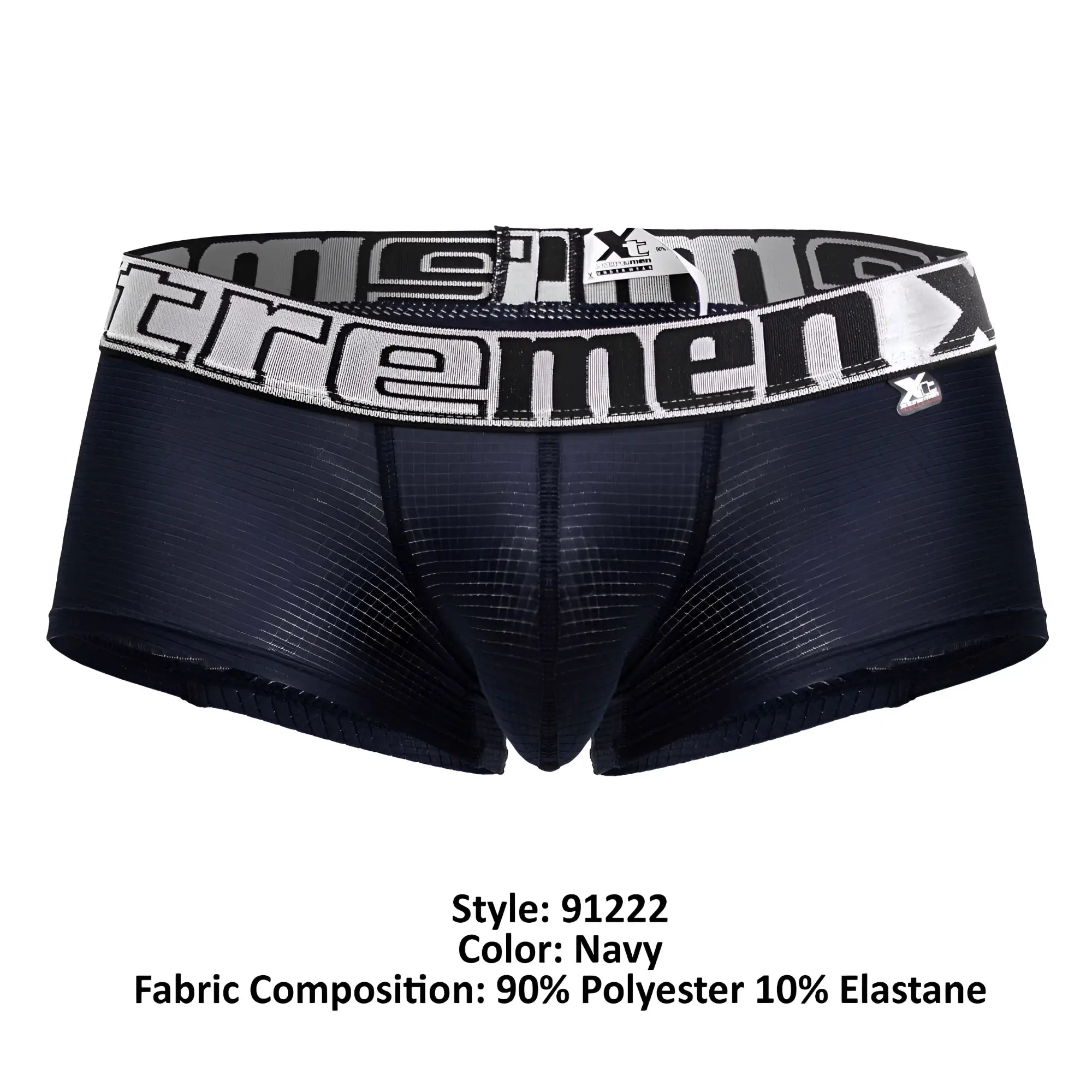 Navy microfiber men’s boxer briefs with a black and white patterned waistband featuring the Extreme logo
