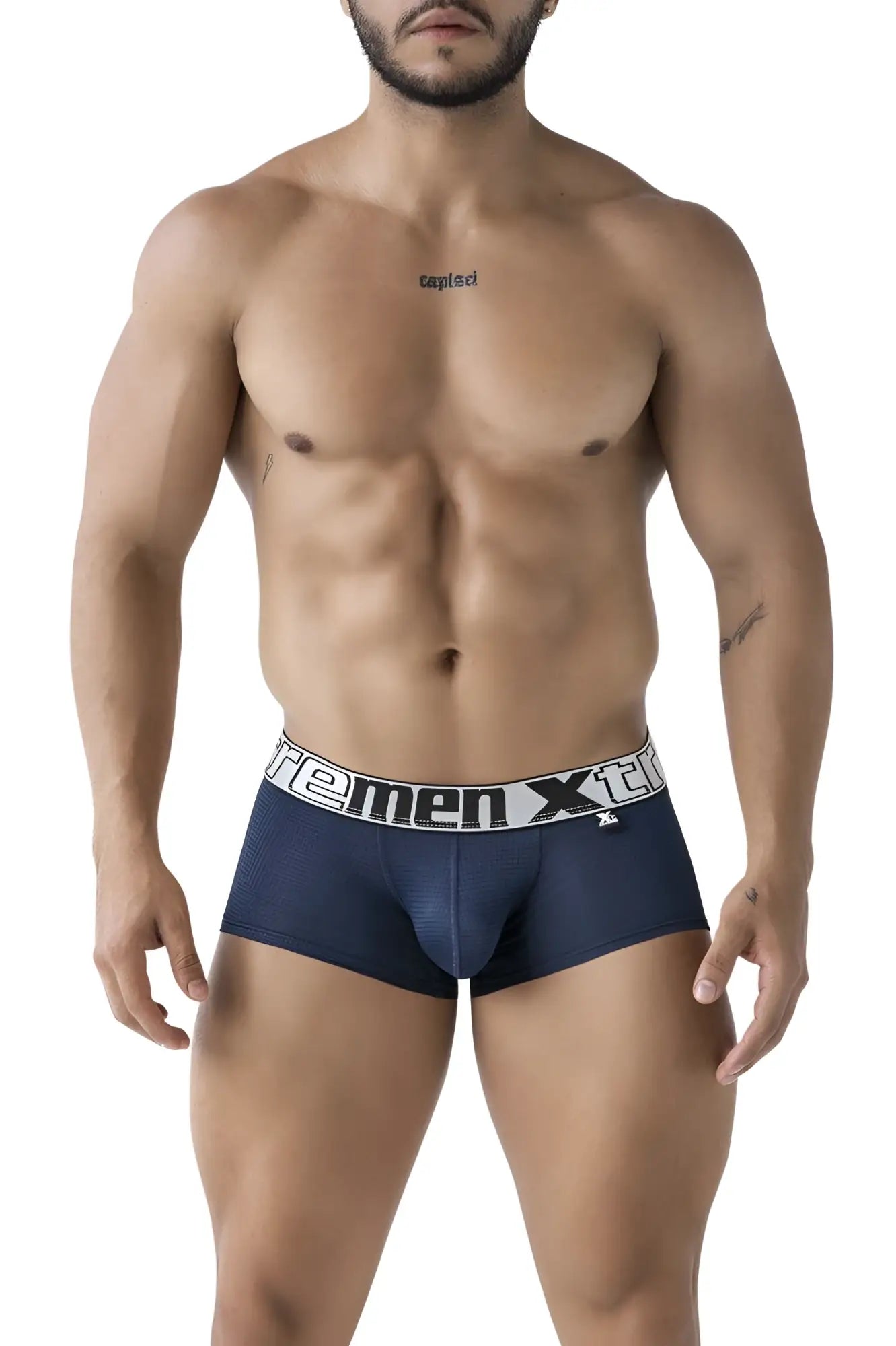 Navy blue xtremen 91222 microfiber men’s boxer briefs with white elastic waistband and xtreme men logo