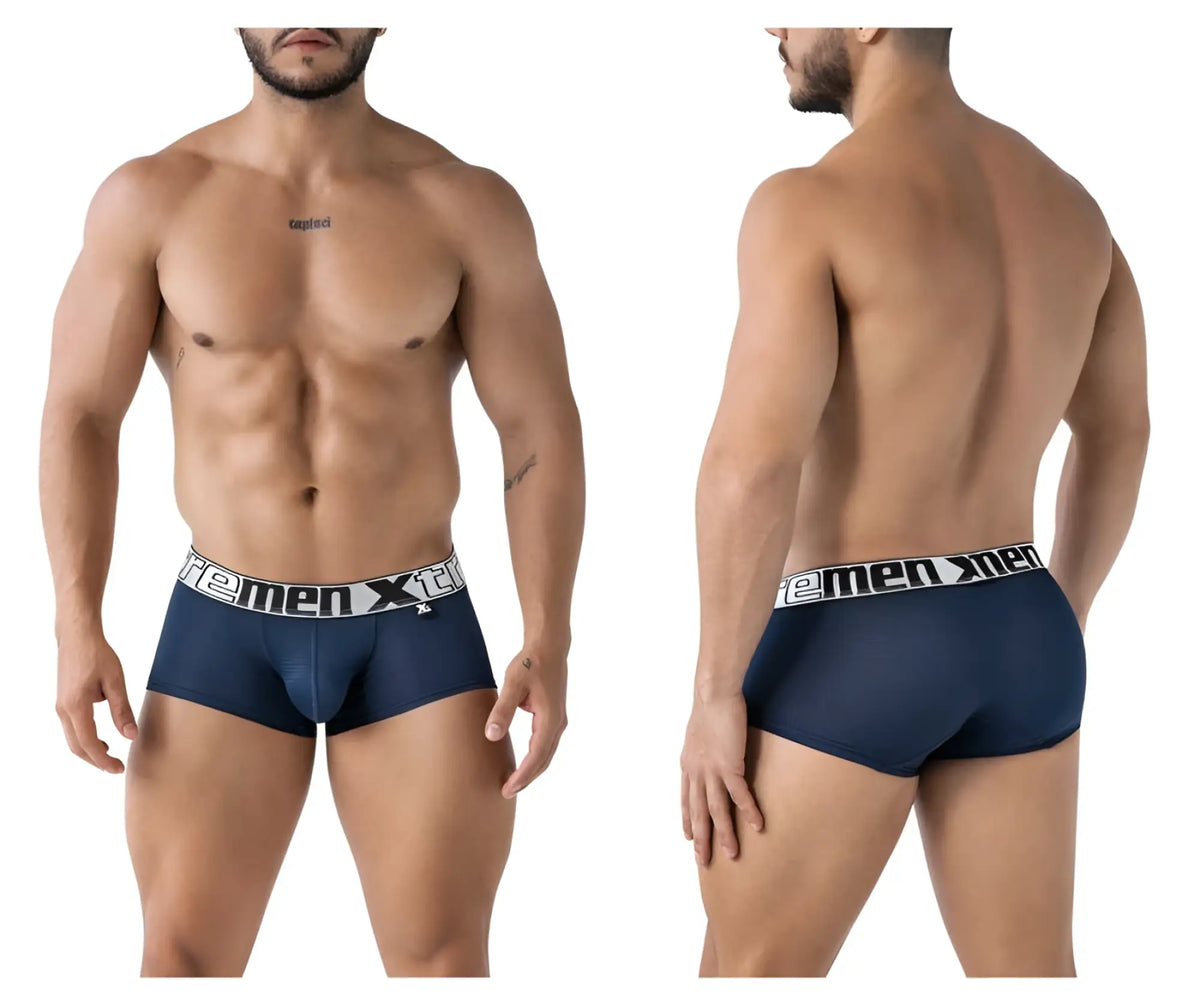 Navy blue Xtremen 91222 microfiber trunks for men with a white elastic waistband and black premen xt logo
