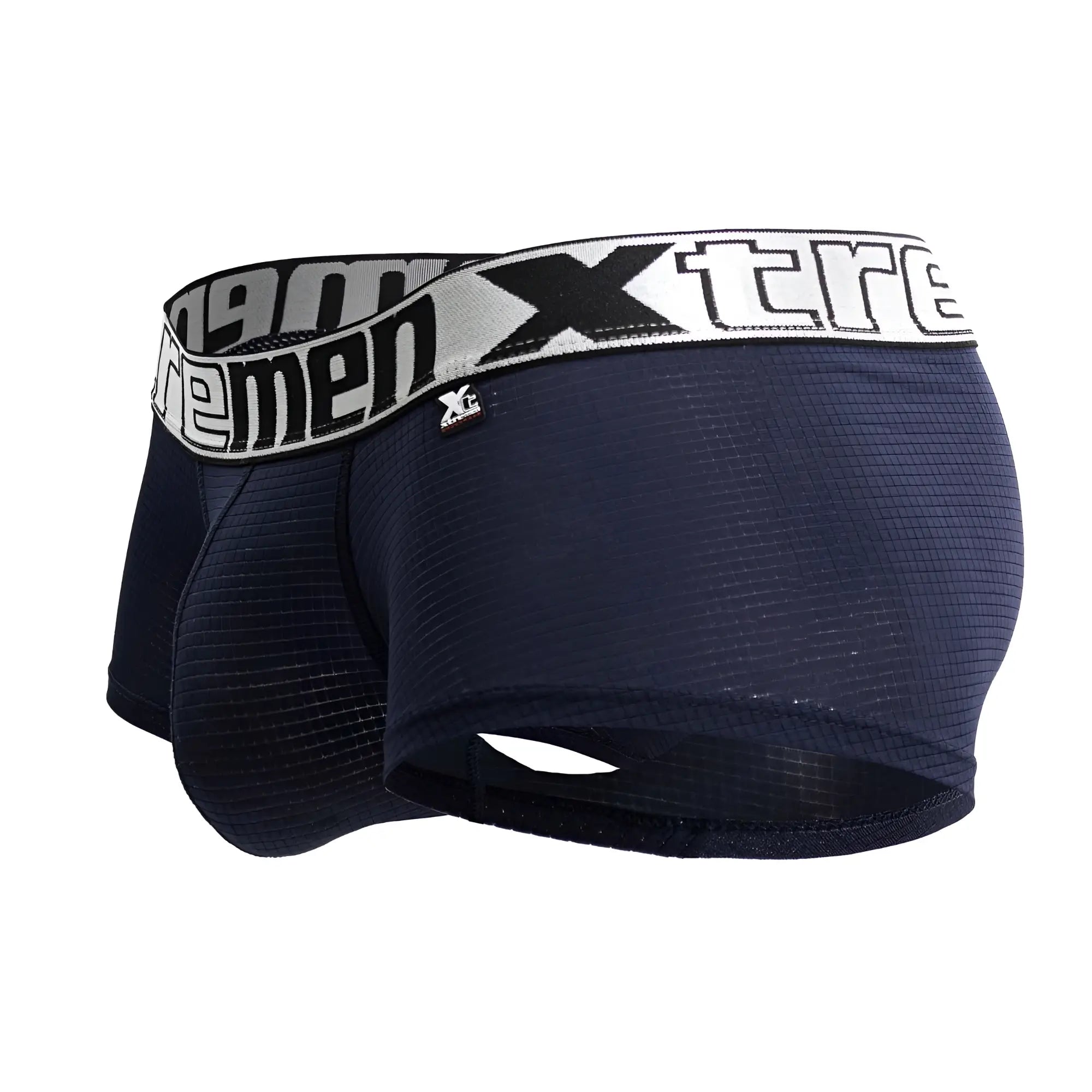 Navy blue textured men’s microfiber boxer briefs with a white and black xtreme logo waistband Xtremen 91222 trunks